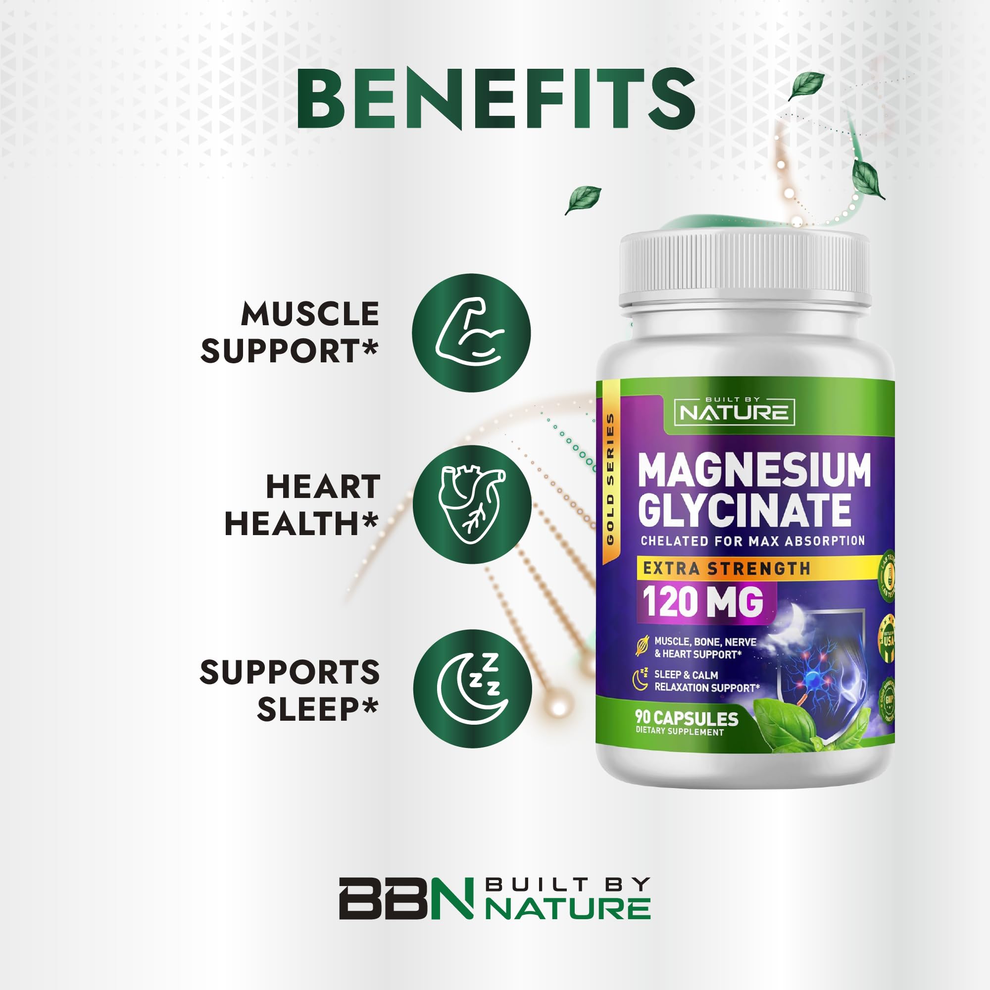Built By Nature Magnesium Glycinate - Chelated for High Absorption – Supplement to Support Sleep, Muscle, Heart & Nerve Health - 120 mg Magnesium per Serving/Capsule - 90 Capsules - TrustMedUSA