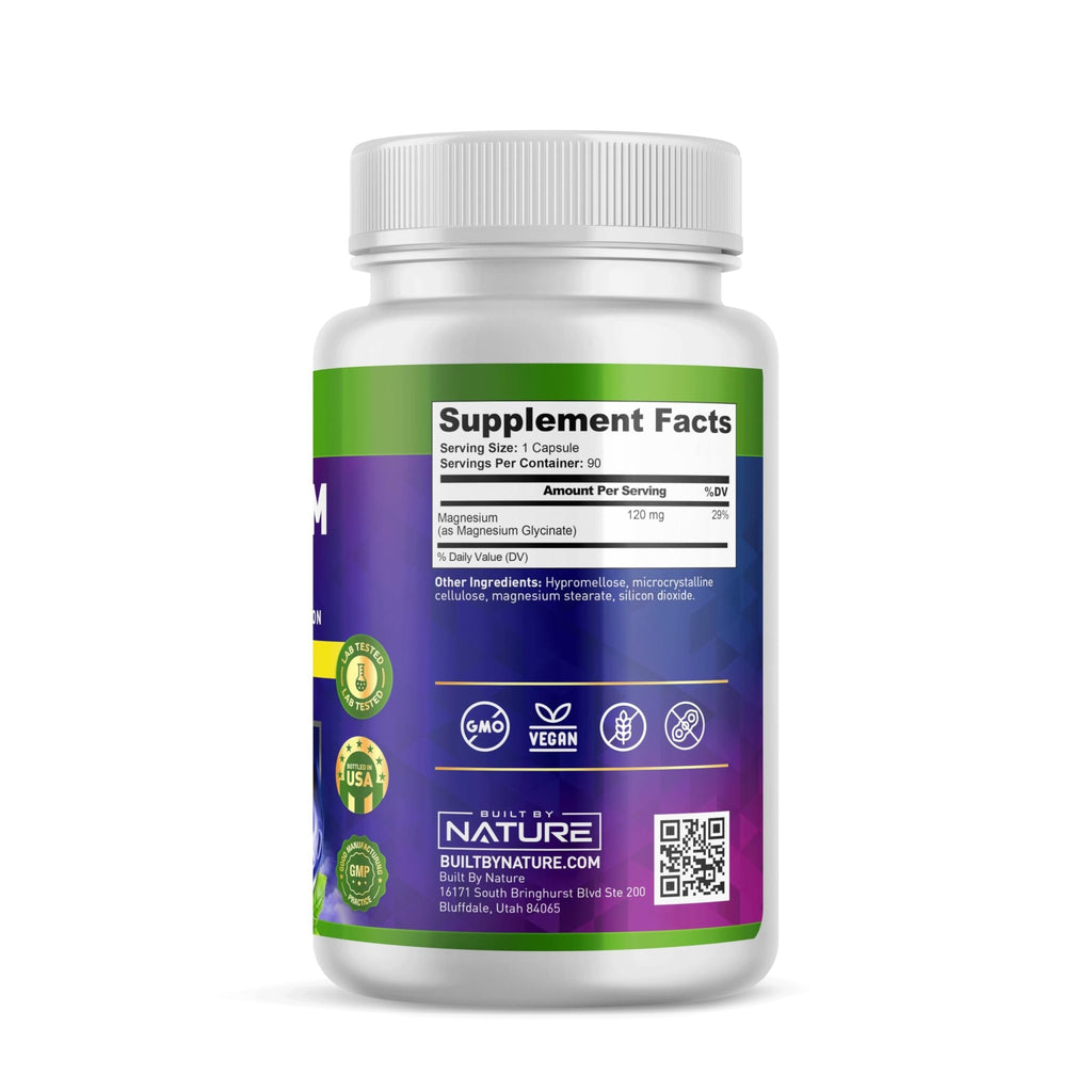 Built By Nature Magnesium Glycinate - Chelated for High Absorption – Supplement to Support Sleep, Muscle, Heart & Nerve Health - 120 mg Magnesium per Serving/Capsule - 90 Capsules - TrustMedUSA