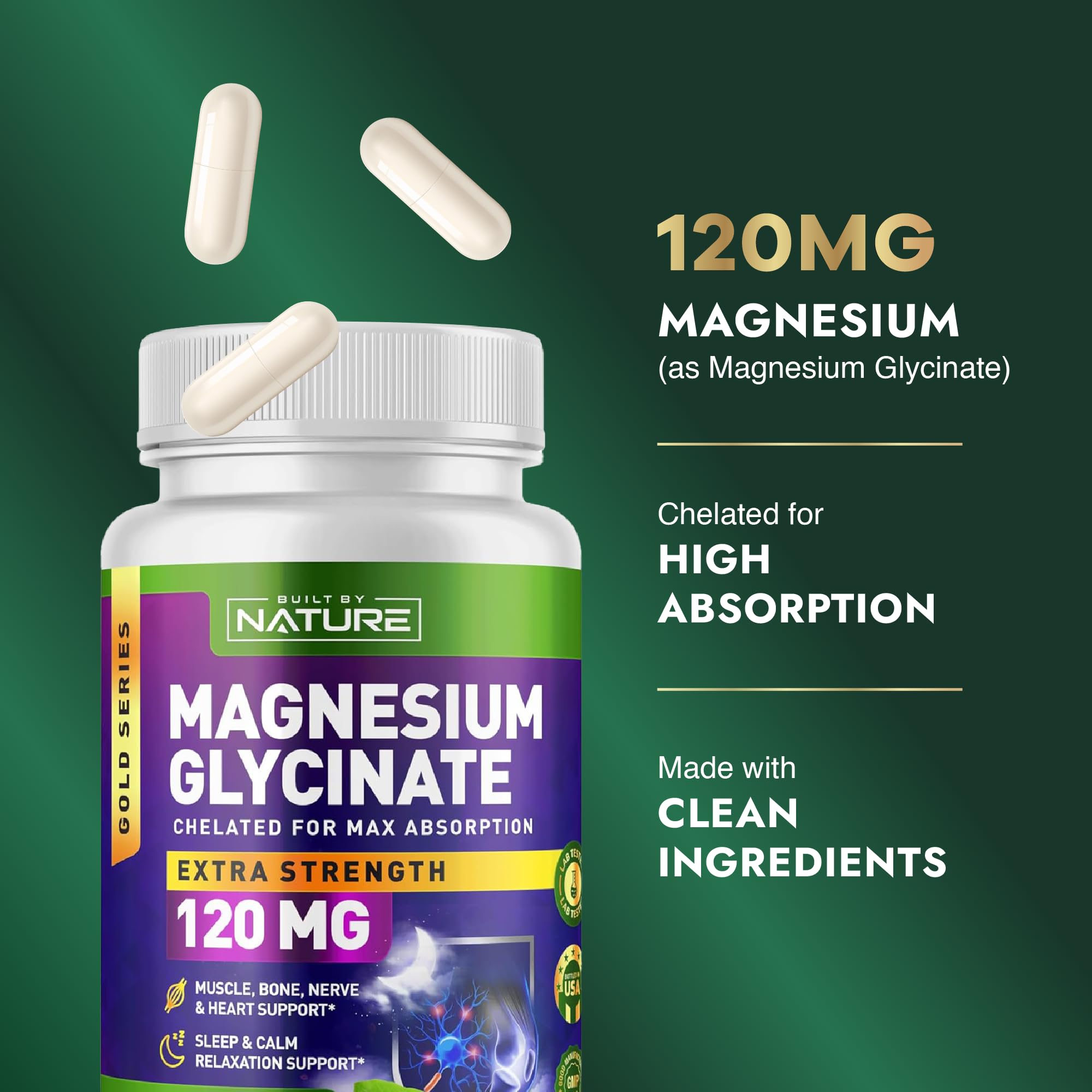 Built By Nature Magnesium Glycinate - Chelated for High Absorption – Supplement to Support Sleep, Muscle, Heart & Nerve Health - 120 mg Magnesium per Serving/Capsule - 90 Capsules - TrustMedUSA