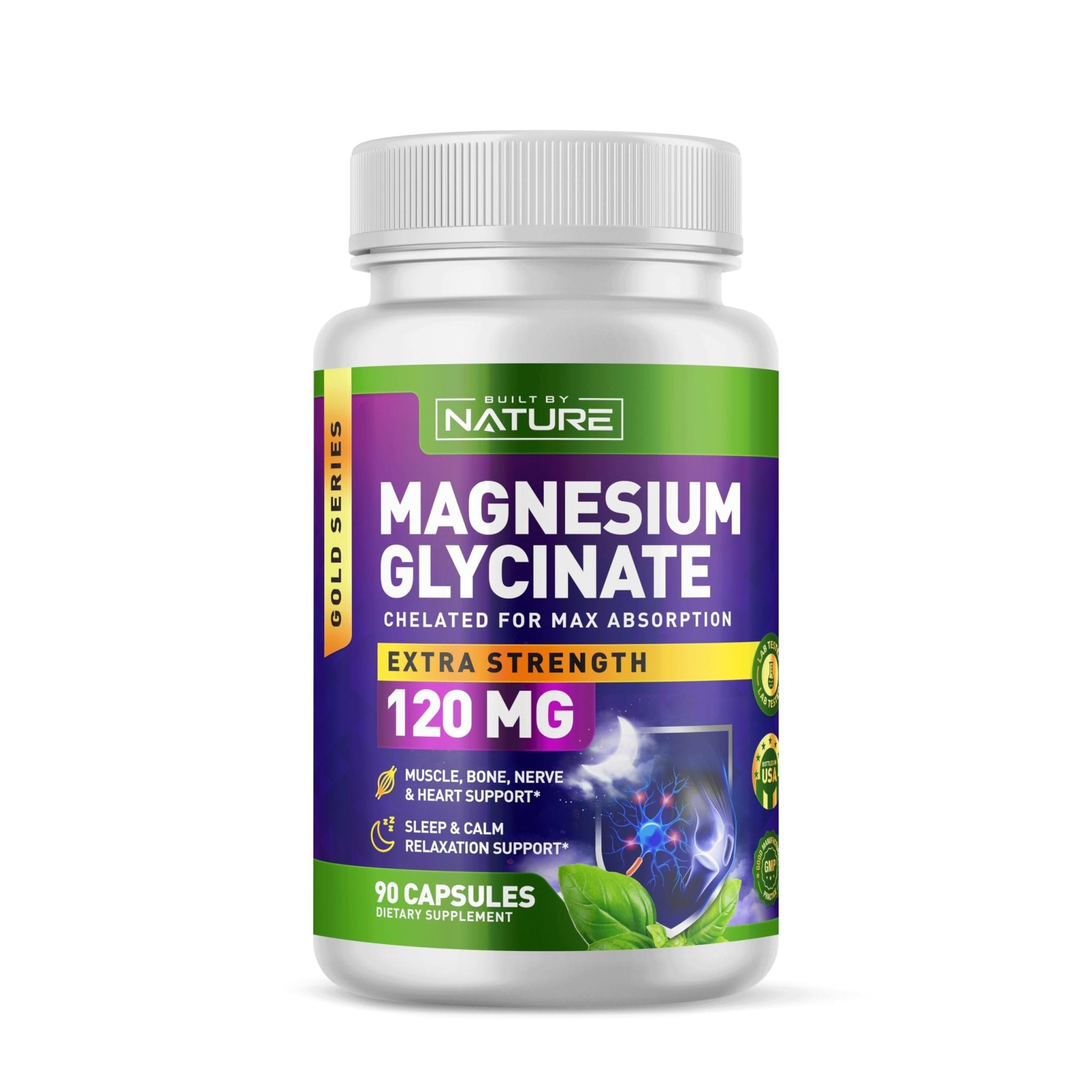 Built By Nature Magnesium Glycinate - Chelated for High Absorption – Supplement to Support Sleep, Muscle, Heart & Nerve Health - 120 mg Magnesium per Serving/Capsule - 90 Capsules - TrustMedUSA