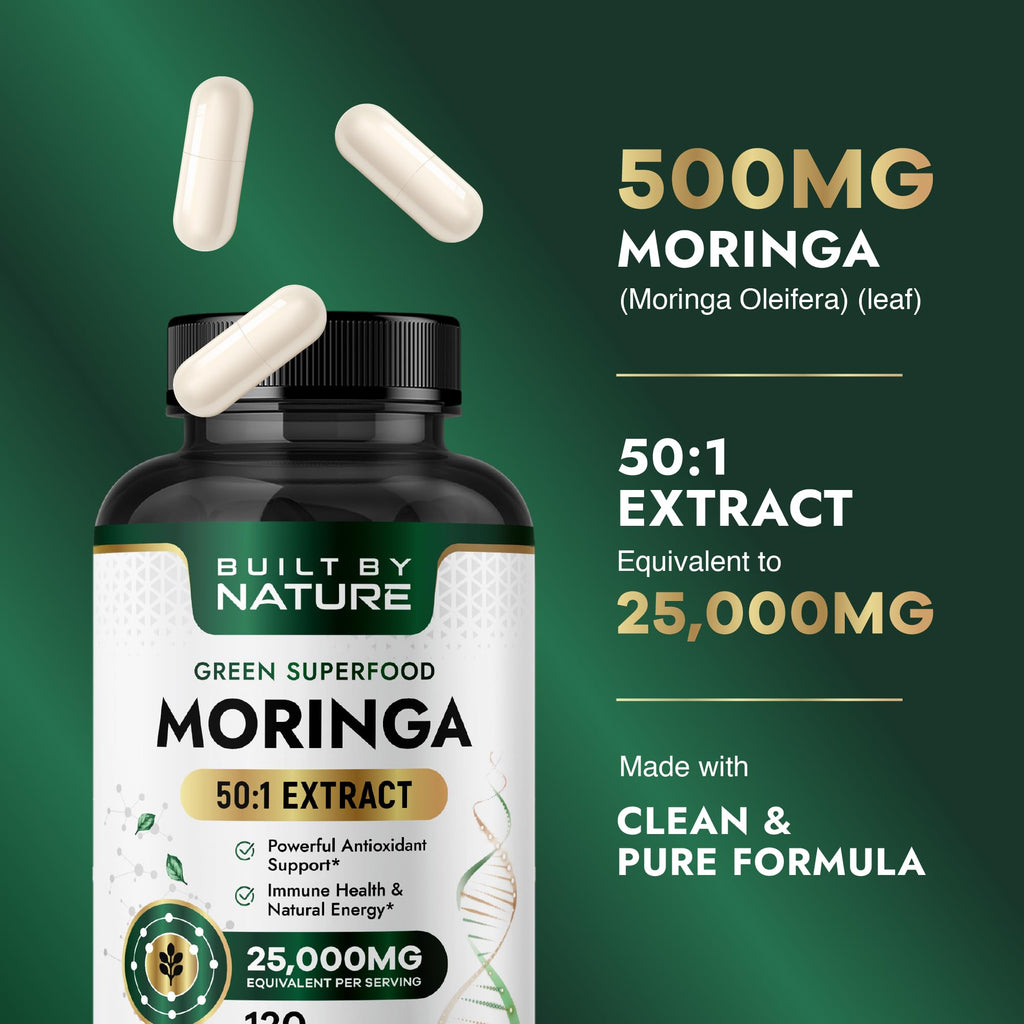 Built by Nature Moringa – 500mg Pure Moringa Leaf Extract 50:1 per Serving – High Potency Moringa Supplement – 120 Capsules - TrustMedUSA