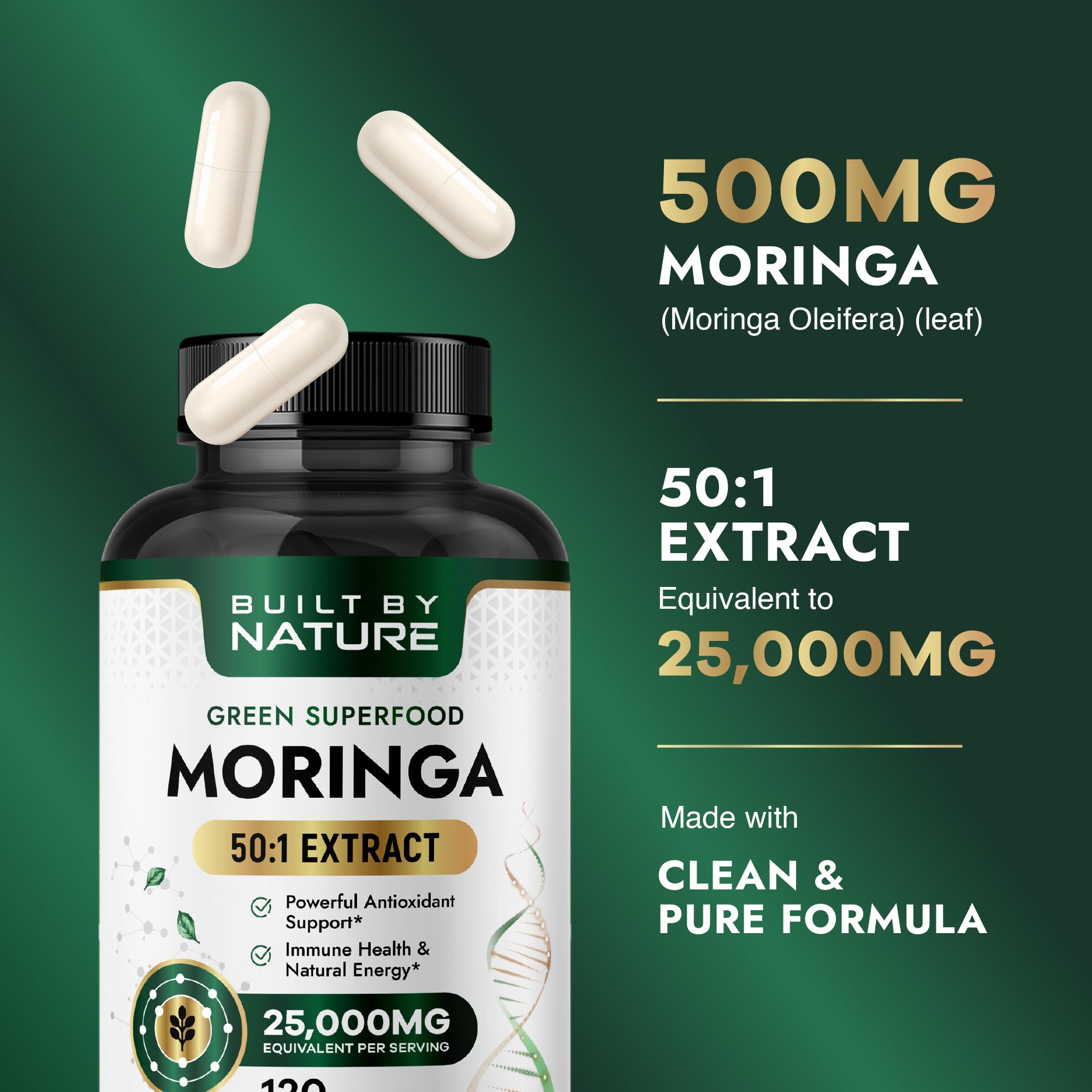 Built by Nature Moringa – 500mg Pure Moringa Leaf Extract 50:1 per Serving – High Potency Moringa Supplement – 120 Capsules - TrustMedUSA