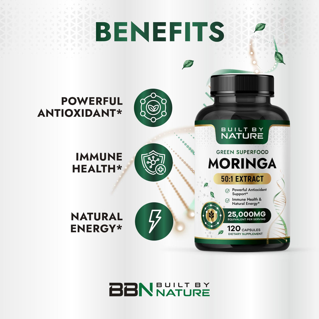 Built by Nature Moringa – 500mg Pure Moringa Leaf Extract 50:1 per Serving – High Potency Moringa Supplement – 120 Capsules - TrustMedUSA