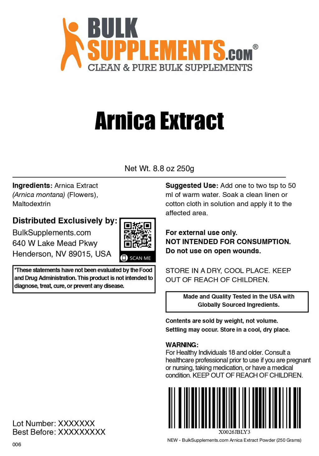 BulkSupplements.com Arnica Extract Powder - Herbal Supplement, from Dried Arnica Flowers, Servings Vary Per Use, 250g (8.8 oz) (Pack of 1) - TrustMedUSA