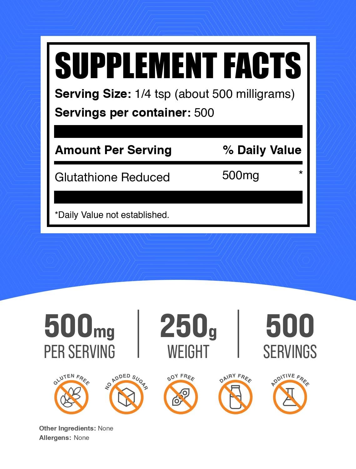 BulkSupplements.com Glutathione Reduced Powder - Glutathione Supplement, Reduced Glutathione Powder - Glutathione 500mg, Gluten Free, 500mg per Serving, 250g (8.8 oz) (Pack of 1) - TrustMedUSA