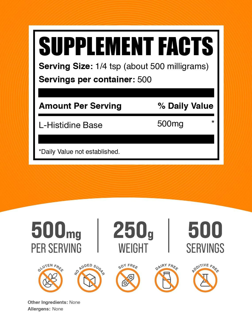 BulkSupplements.com L-Histidine Powder - as L-Histidine Base, Histidine Supplement - Essential Amino Acid & Gluten Free, 500mg per Serving, 250g (8.8 oz) (Pack of 1) - TrustMedUSA