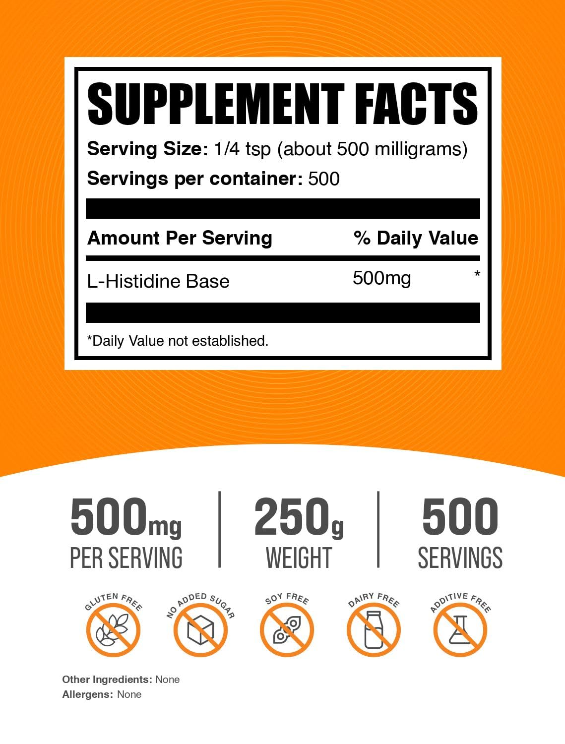 BulkSupplements.com L-Histidine Powder - as L-Histidine Base, Histidine Supplement - Essential Amino Acid & Gluten Free, 500mg per Serving, 250g (8.8 oz) (Pack of 1) - TrustMedUSA
