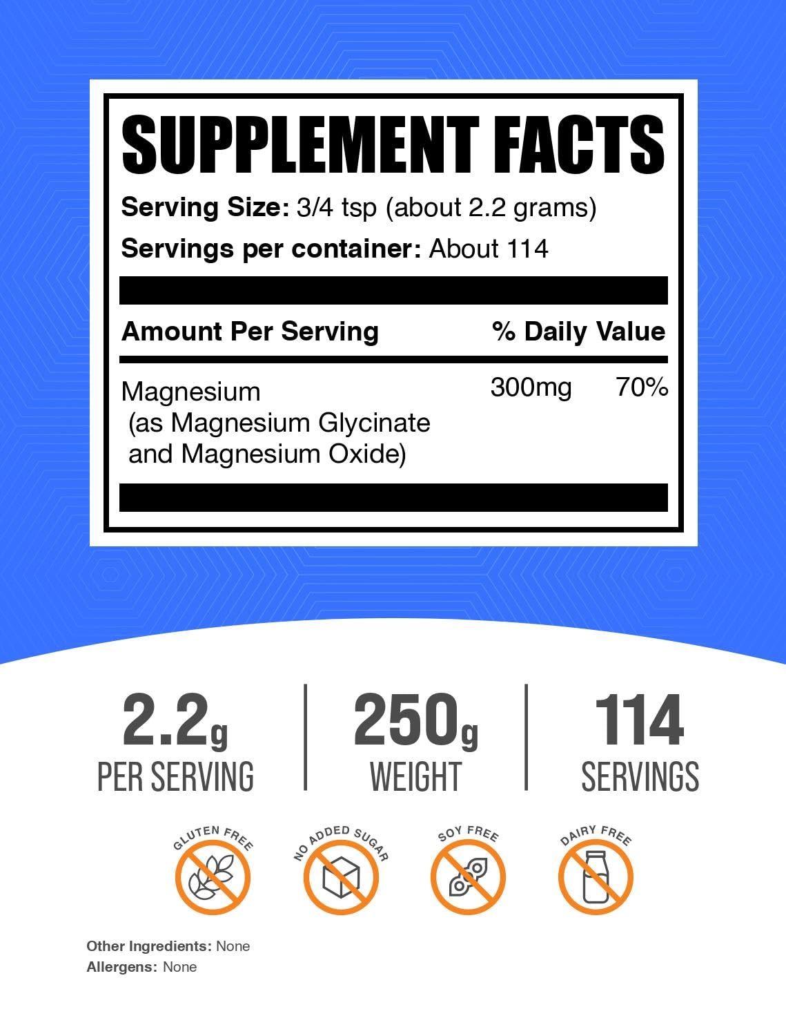 BulkSupplements.com Magnesium Glycinate Powder - Magnesium Glycinate 300mg, Highly Absorbable - Gluten Free, 2.2g per Serving, 250g (8.8 oz) (Pack of 1) - TrustMedUSA