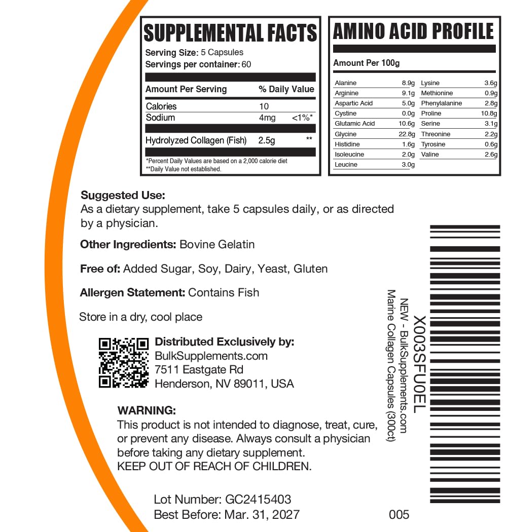 BulkSupplements.com Marine Collagen Capsules - Fish Collagen Supplement, Collagen for Women & Men - Hydrolyzed Collagen, Gluten Free, 5 Capsules per Serving, 300 Capsules (Pack of 1) - Maple Wellness Supplements