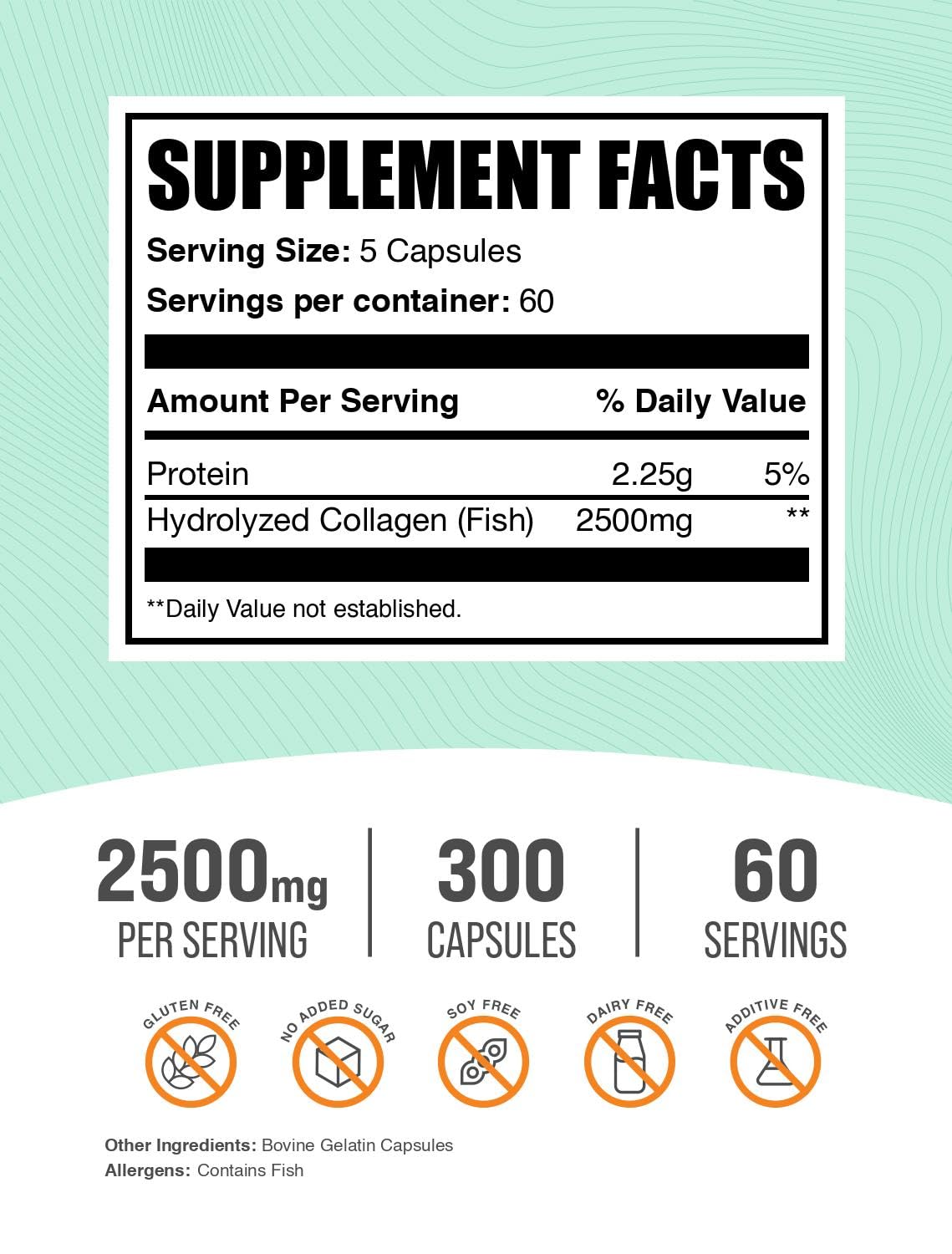 BulkSupplements.com Marine Collagen Capsules - Fish Collagen Supplement, Collagen for Women & Men - Hydrolyzed Collagen, Gluten Free, 5 Capsules per Serving, 300 Capsules (Pack of 1) - Maple Wellness Supplements