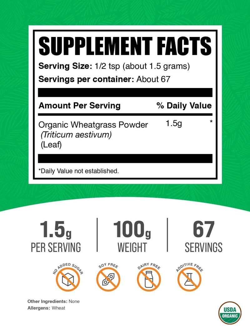 BulkSupplements.com Organic Wheatgrass Powder - Organic Super Greens Powder, Superfoods Supplement - Vegan & Gluten Free, 1.5g per Serving, 100g (3.5 oz) (Pack of 1) - TrustMedUSA