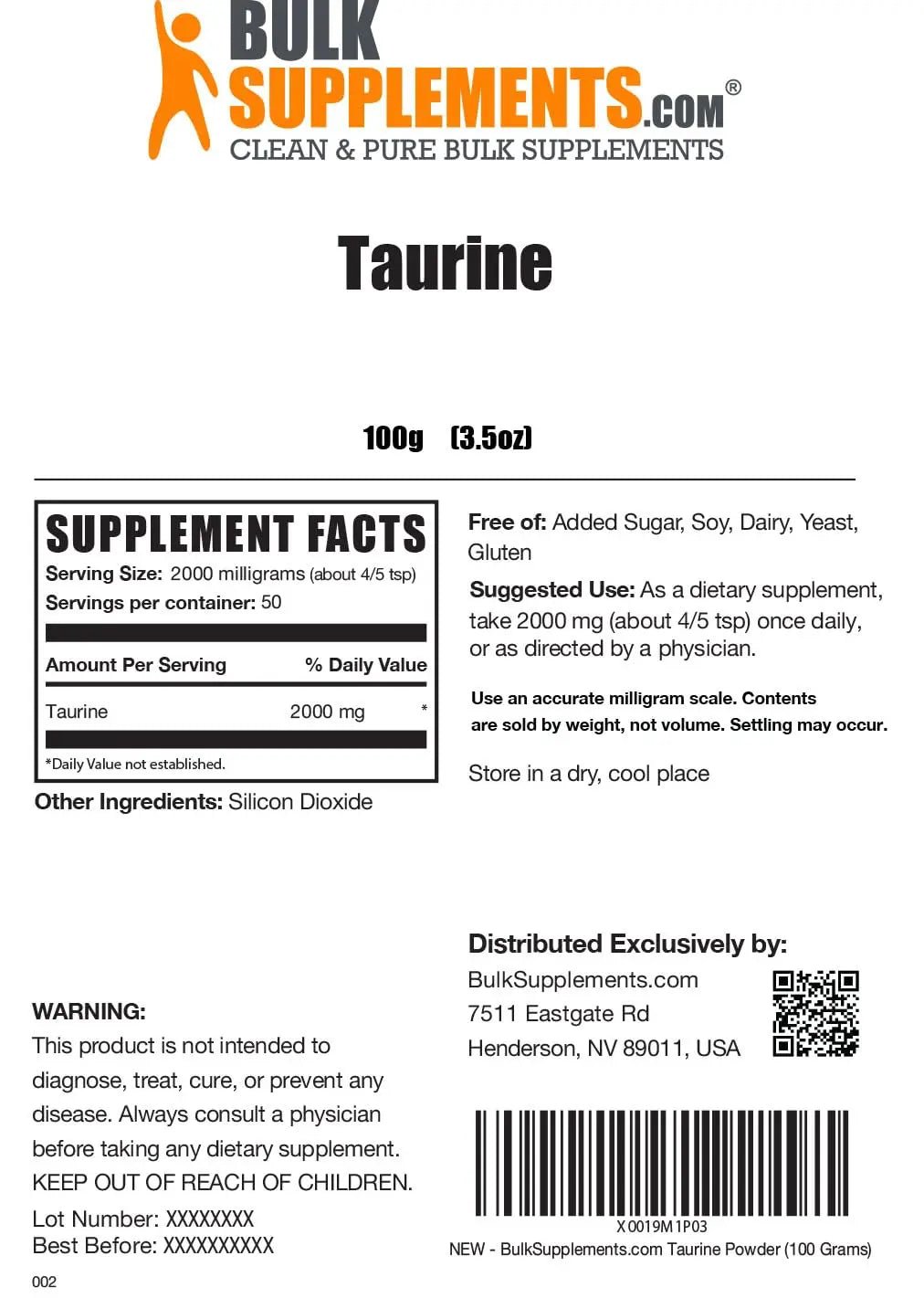 BULKSUPPLEMENTS.COM Taurine Powder - Taurine Supplement, Taurine 2000mg - TrustMedUSA