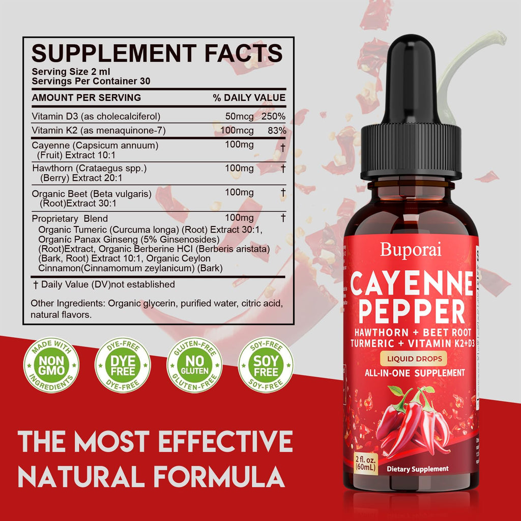 Buporai Cayenne Pepper Drops, Cayenne Pepper Extract Liquid Supplement for Overall Well-Being, 2 fl oz, Vitamin D3 K2 Beet Root Powder - TrustMedUSA