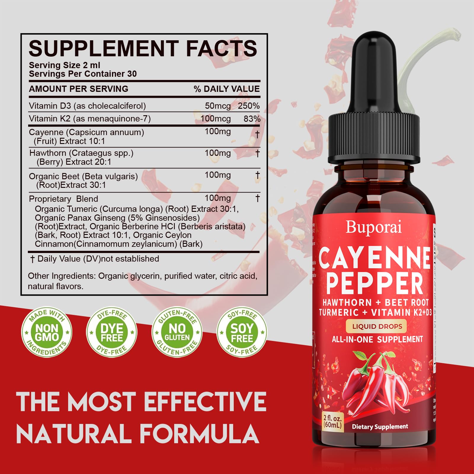 Buporai Cayenne Pepper Drops, Cayenne Pepper Extract Liquid Supplement for Overall Well-Being, 2 fl oz, Vitamin D3 K2 Beet Root Powder - TrustMedUSA