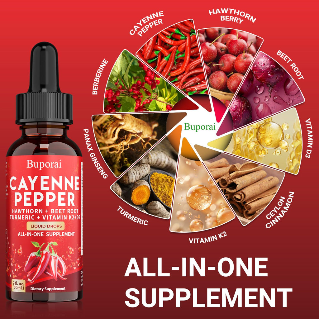 Buporai Cayenne Pepper Drops, Cayenne Pepper Extract Liquid Supplement for Overall Well-Being, 2 fl oz, Vitamin D3 K2 Beet Root Powder - TrustMedUSA