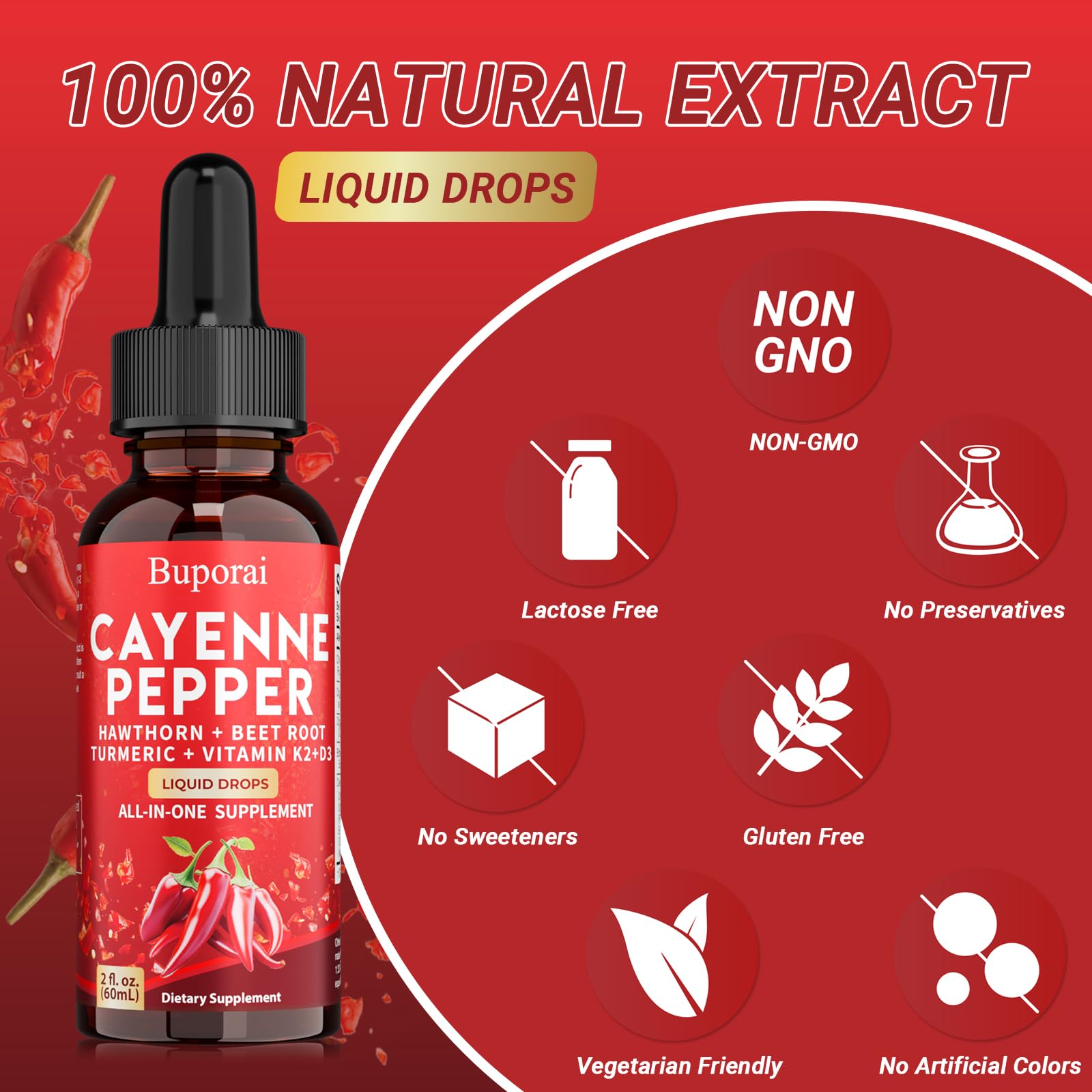 Buporai Cayenne Pepper Drops, Cayenne Pepper Extract Liquid Supplement for Overall Well-Being, 2 fl oz, Vitamin D3 K2 Beet Root Powder - TrustMedUSA