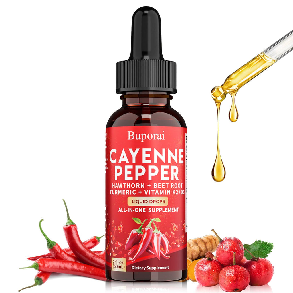 Buporai Cayenne Pepper Drops, Cayenne Pepper Extract Liquid Supplement for Overall Well-Being, 2 fl oz, Vitamin D3 K2 Beet Root Powder - TrustMedUSA