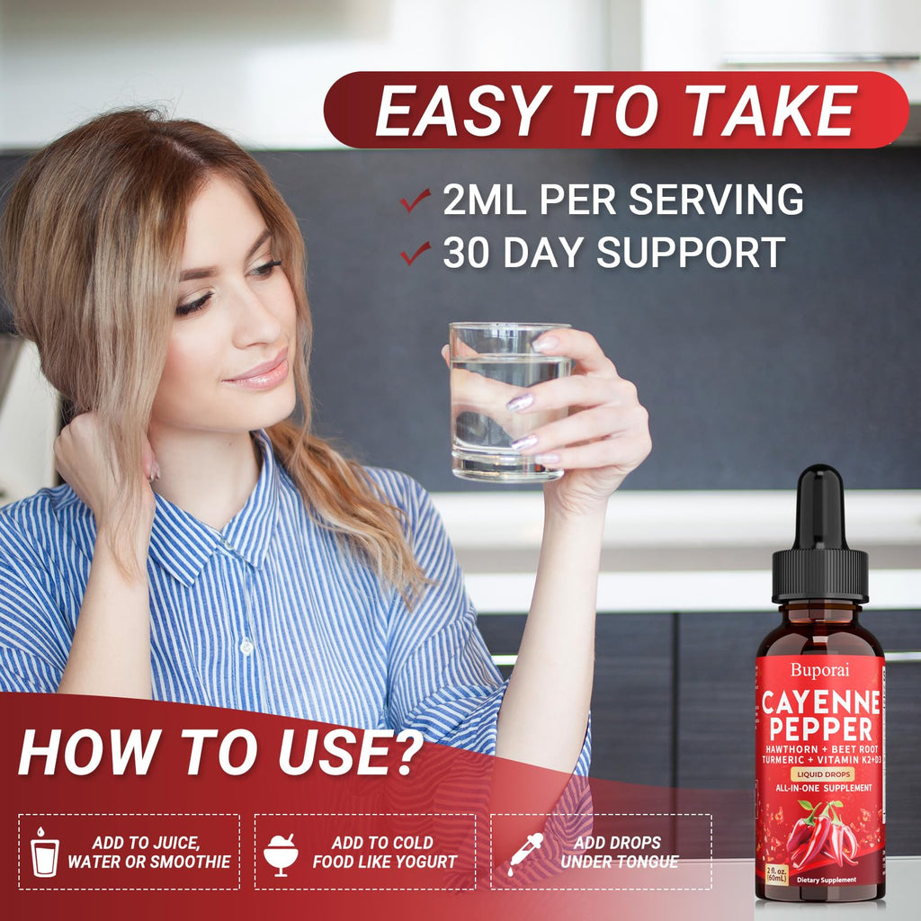 Buporai Cayenne Pepper Drops, Cayenne Pepper Extract Liquid Supplement for Overall Well-Being, 2 fl oz, Vitamin D3 K2 Beet Root Powder - TrustMedUSA