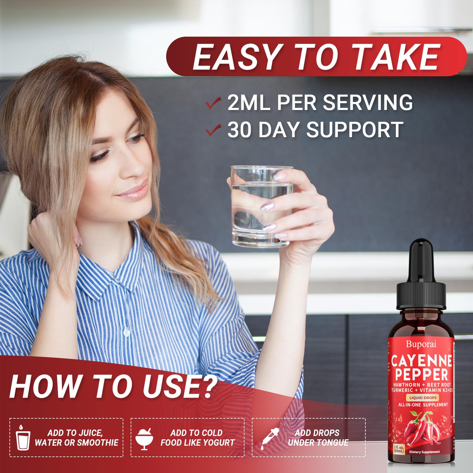 Buporai Cayenne Pepper Drops, Cayenne Pepper Extract Liquid Supplement for Overall Well-Being, 2 fl oz, Vitamin D3 K2 Beet Root Powder - TrustMedUSA