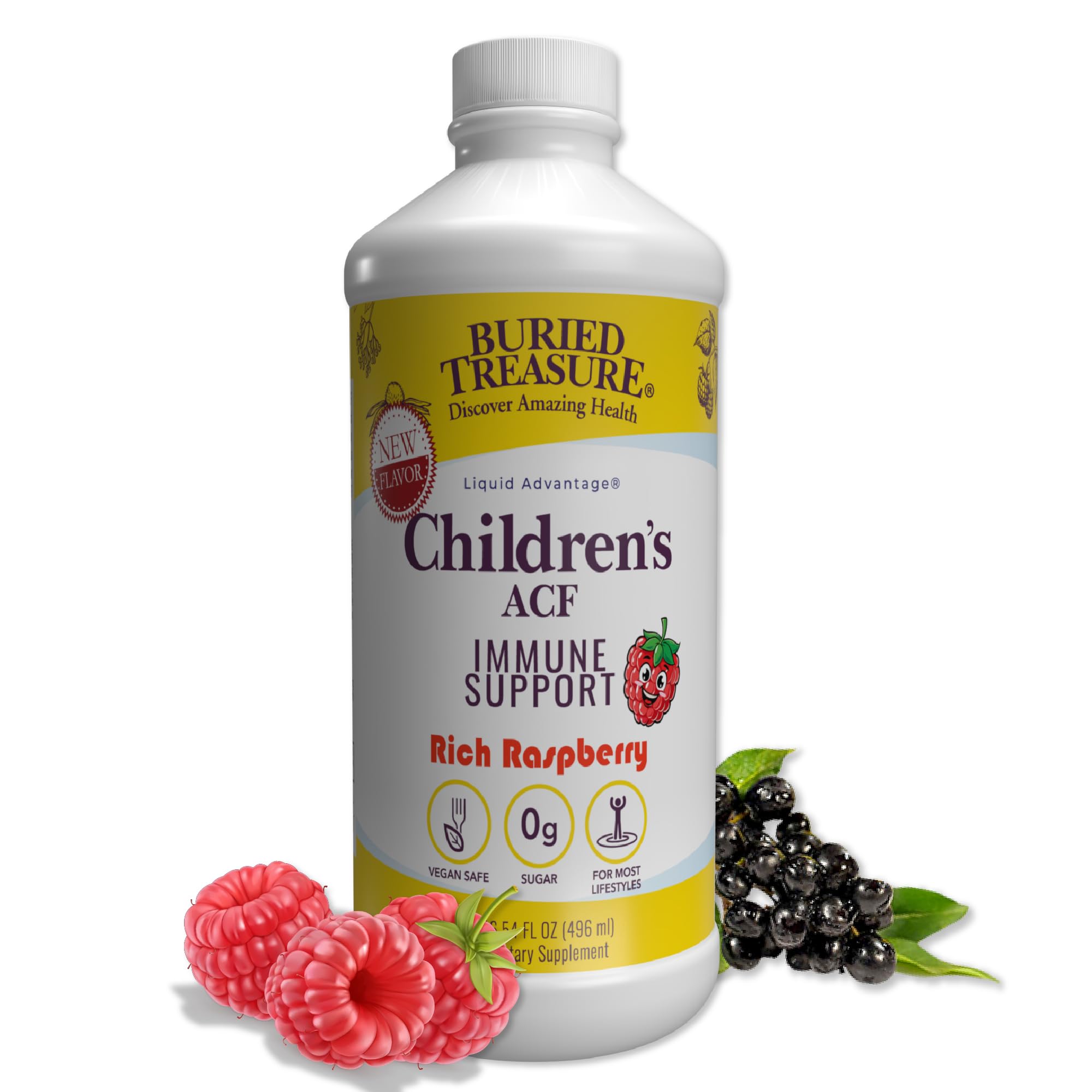Buried Treasure Children’s ACF Liquid Immune Support for Kids – Elderberry, Echinacea & Botanicals – Raspberry Flavor – 16 oz – Sugar Free - TrustMedUSA