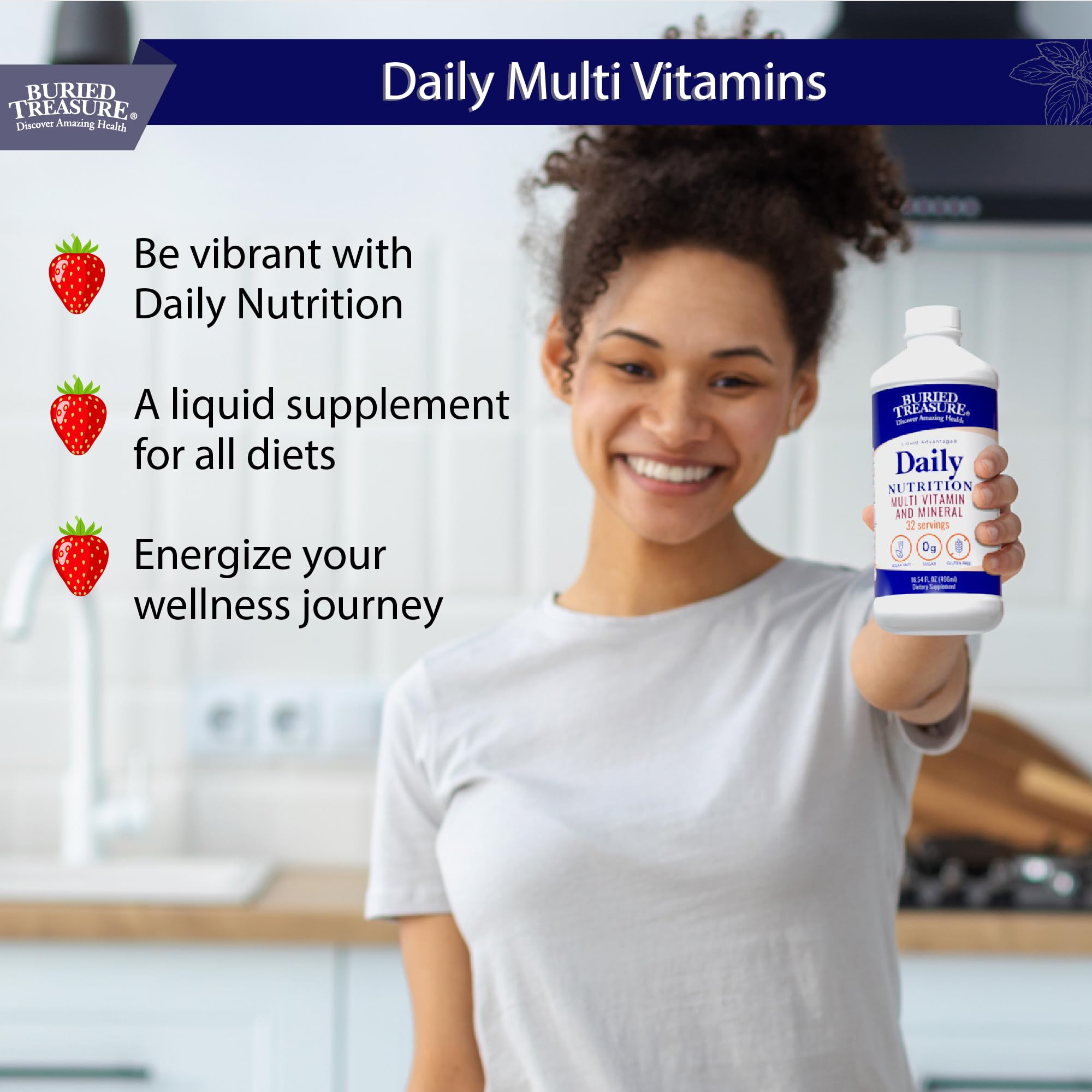Buried Treasure Daily Nutrition Liquid Multivitamin and Mineral Supplement with Trace Minerals, Superfoods, Vitamin A, B-Complex, C, D, E, Methylfolate, Biotin, Magnesium, Zinc, Resveratrol, 32 serv - TrustMedUSA