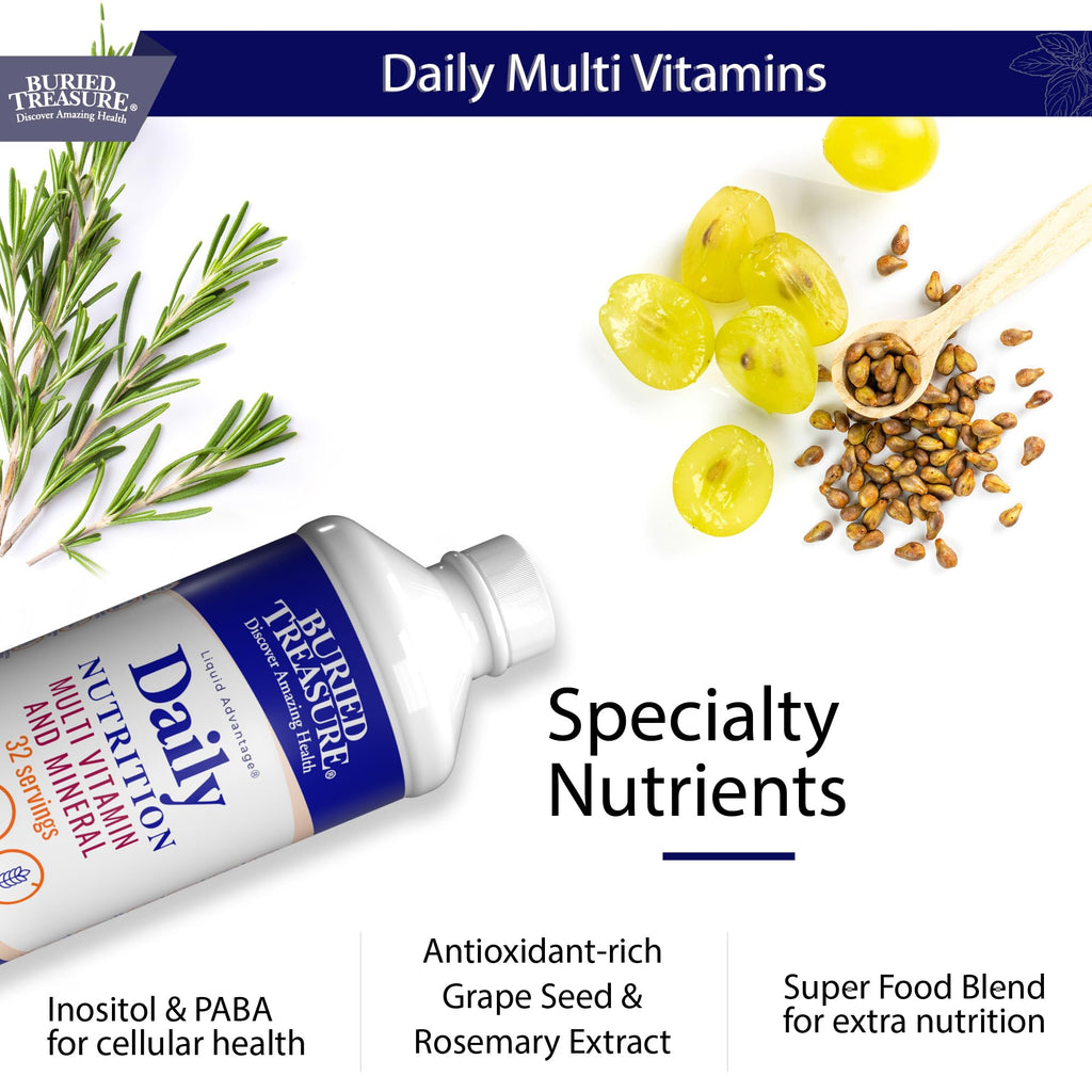 Buried Treasure Daily Nutrition Liquid Multivitamin and Mineral Supplement with Trace Minerals, Superfoods, Vitamin A, B-Complex, C, D, E, Methylfolate, Biotin, Magnesium, Zinc, Resveratrol, 32 serv - TrustMedUSA