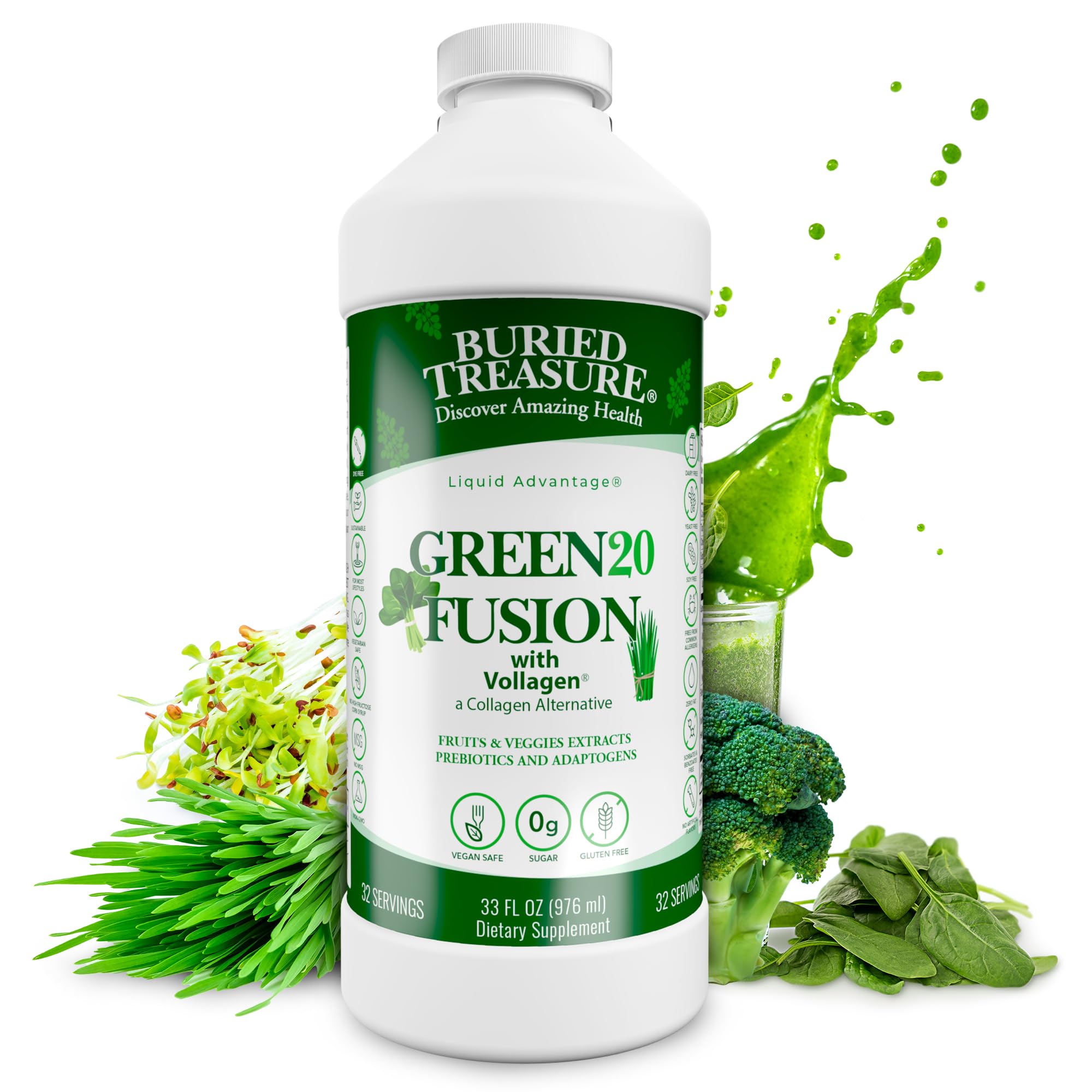 Buried Treasure Green20 Fusion – Superfood Blend with Vollagen for Skin, Hair, and Joint Support, Plant-Based, Vegan, Non-GMO Gluten-Free, Dairy-Free, Soy-Free, 32oz Liquid - TrustMedUSA