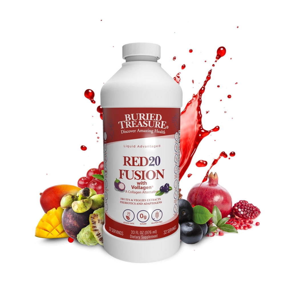 Buried Treasure Red20 Fusion Superfood Blend – Acai, Beets, Blueberry, Fiber, Adaptogens, Lutein, Vegan Vollagen, Natural Energy, Digestion, Eye Health & Wellness Support, 32oz Liquid - TrustMedUSA