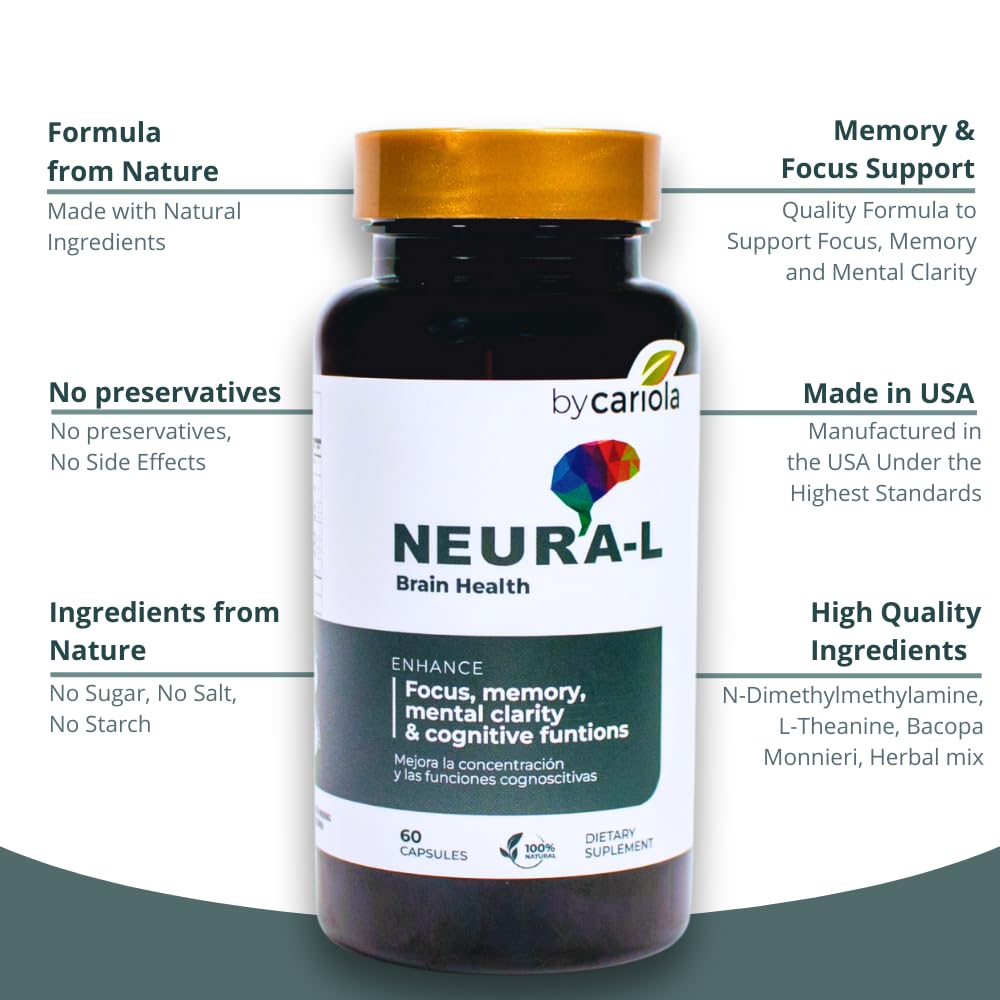 BY CARIOLA Neural-L Natural Brain Support Supplement 60 Caps - Mental Support – Memory Booster - Concentration - Natural Formula - Ashwagandha - L-Tyrosine - L-Theanine - TrustMedUSA