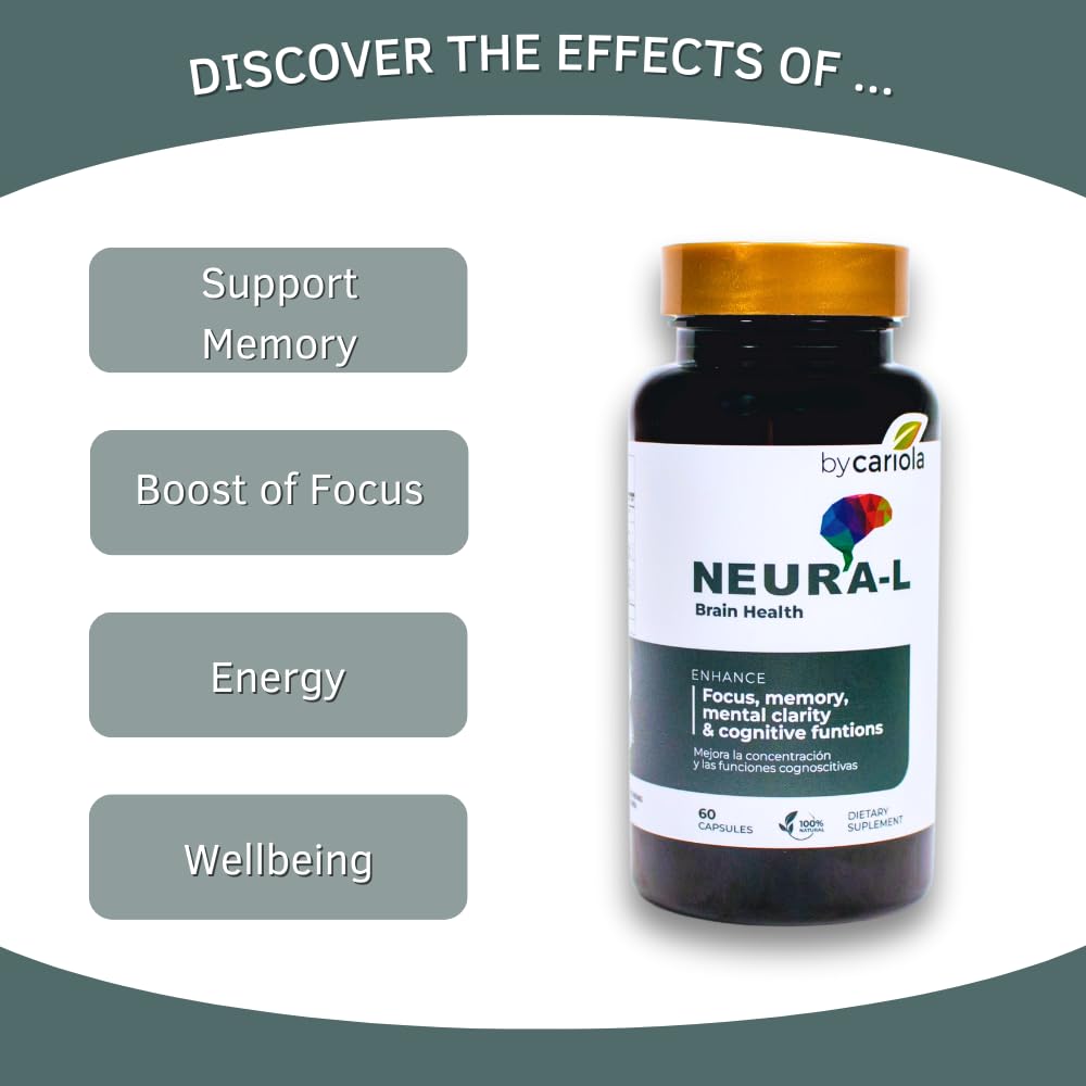 BY CARIOLA Neural-L Natural Brain Support Supplement 60 Caps - Mental Support – Memory Booster - Concentration - Natural Formula - Ashwagandha - L-Tyrosine - L-Theanine - TrustMedUSA