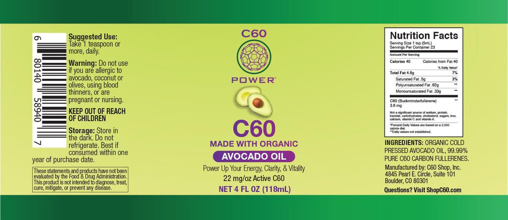 C60 Power C60 in Organic Avocado Oil - Natural Wellness & Antioxidant Support for Men & Women, 99.99% Pure Carbon Fullerenes, Promotes Energy, Mental Clarity, & Stamina - 4 fl oz Bottle - TrustMedUSA
