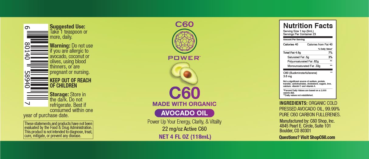 C60 Power C60 in Organic Avocado Oil - Natural Wellness & Antioxidant Support for Men & Women, 99.99% Pure Carbon Fullerenes, Promotes Energy, Mental Clarity, & Stamina - 4 fl oz Bottle - TrustMedUSA