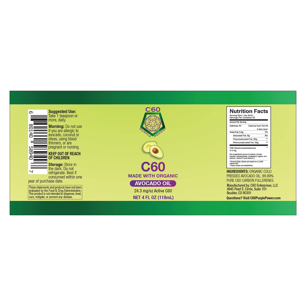 C60 Power C60 in Organic Avocado Oil - Natural Wellness & Antioxidant Support for Men & Women, 99.99% Pure Carbon Fullerenes, Promotes Energy, Mental Clarity, & Stamina - 4 fl oz Bottle - TrustMedUSA