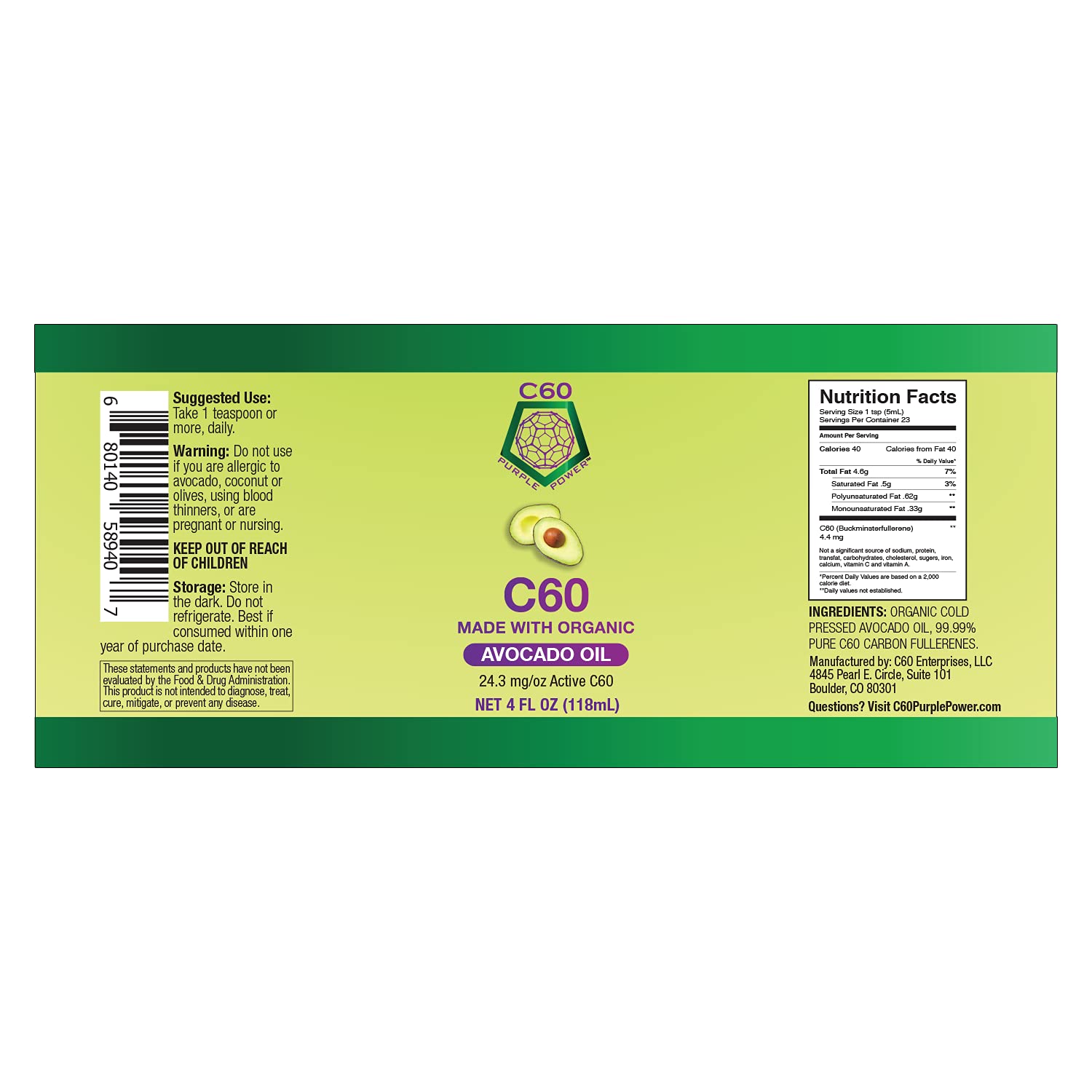 C60 Power C60 in Organic Avocado Oil - Natural Wellness & Antioxidant Support for Men & Women, 99.99% Pure Carbon Fullerenes, Promotes Energy, Mental Clarity, & Stamina - 4 fl oz Bottle - TrustMedUSA