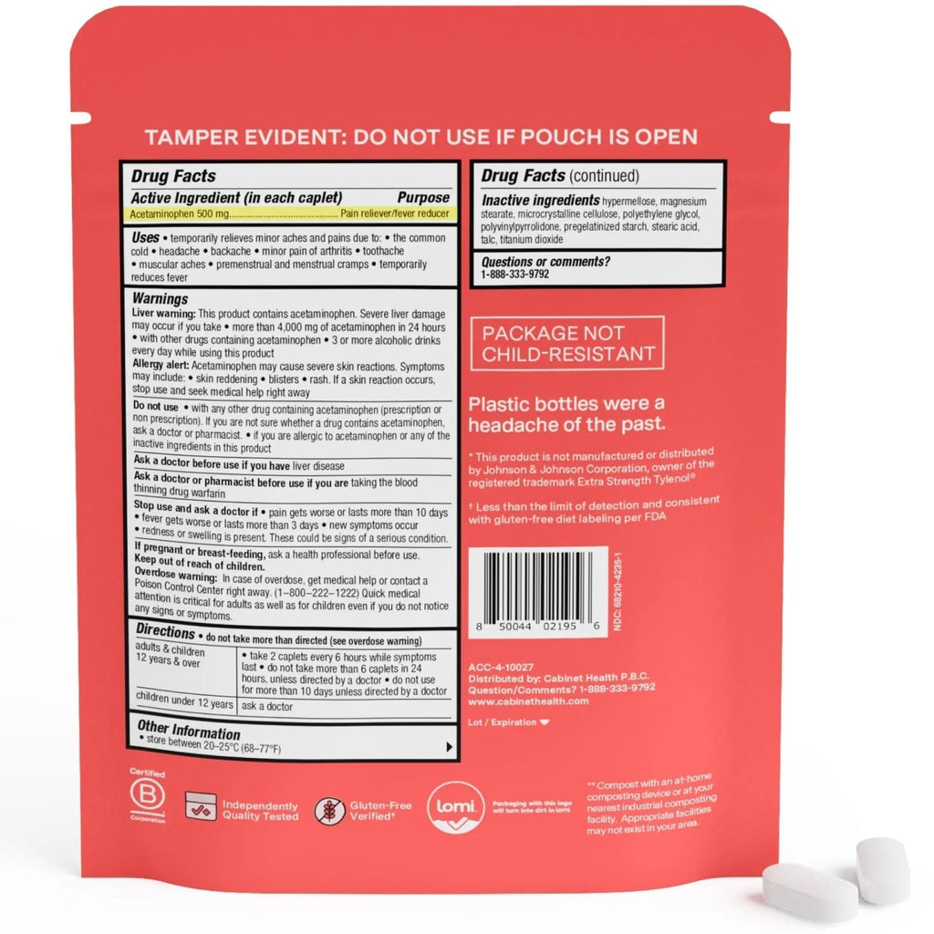 Cabinet: 500mg Acetaminophen for Headache Relief, Toothaches, Sore Throat, and Fever Reducer, 120 Tablets (Refill Pouch) - TrustMedUSA