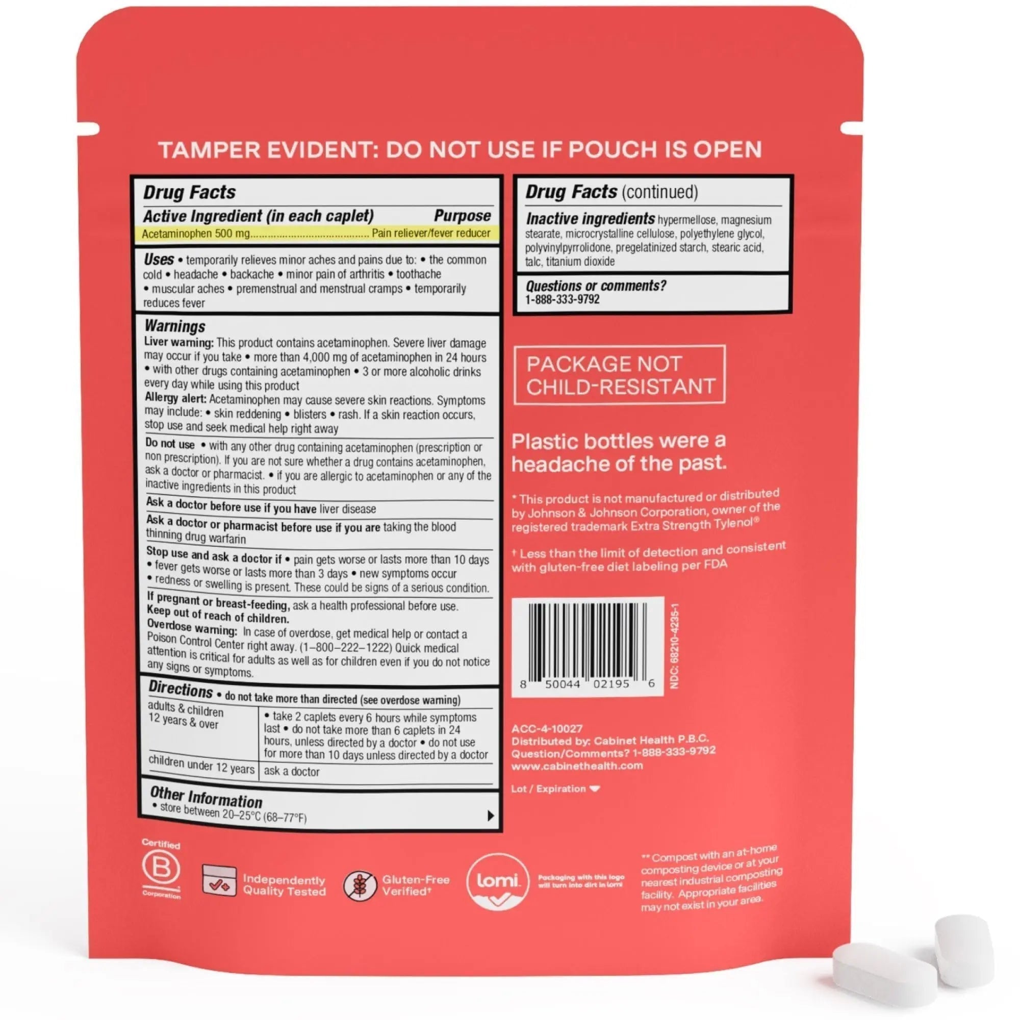 Cabinet: 500mg Acetaminophen for Headache Relief, Toothaches, Sore Throat, and Fever Reducer, 120 Tablets (Refill Pouch) - TrustMedUSA
