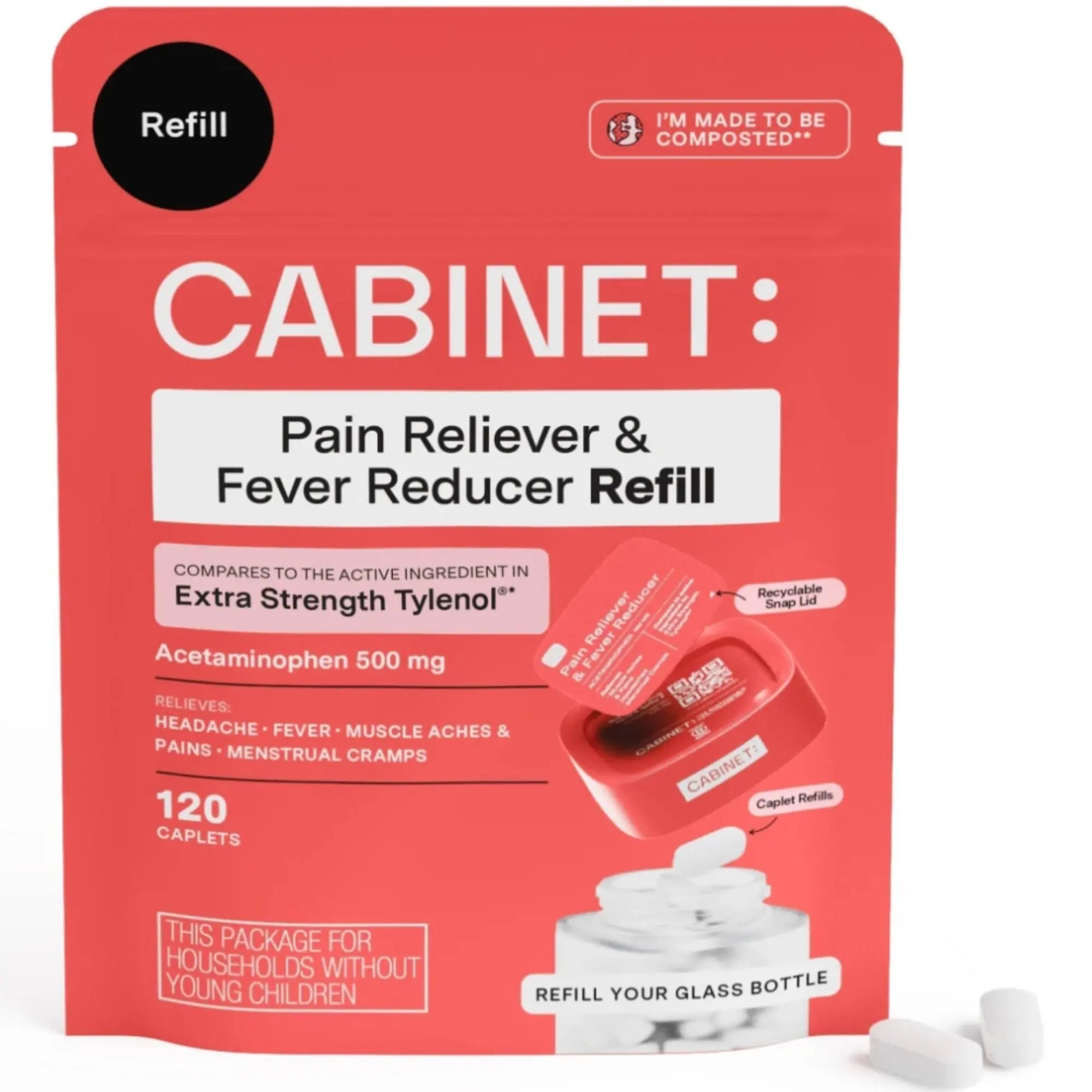 Cabinet: 500mg Acetaminophen for Headache Relief, Toothaches, Sore Throat, and Fever Reducer, 120 Tablets (Refill Pouch) - TrustMedUSA