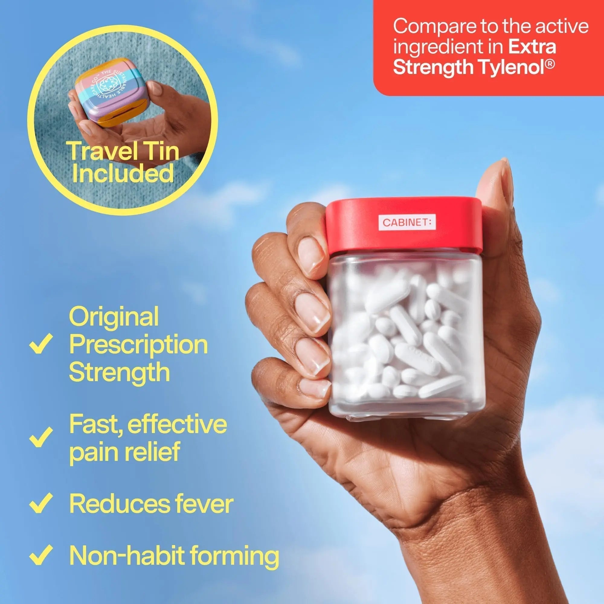 Cabinet: 500mg Acetaminophen for Headache Relief, Toothaches, Sore Throat, and Fever Reducer, Includes 1 Refillable Medicine Jar, 120 Tablets Refillable Glass Jar - w/Travel Tin - TrustMedUSA