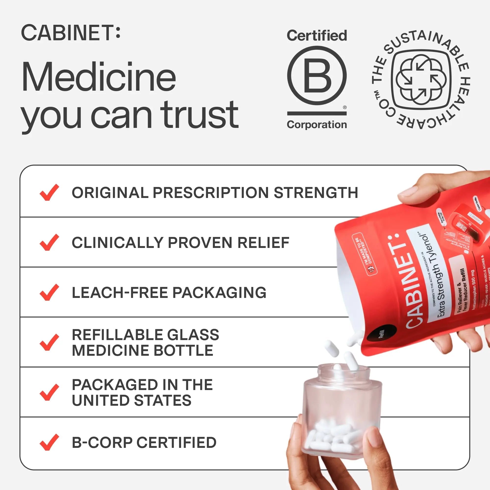 Cabinet: 500mg Acetaminophen for Headache Relief, Toothaches, Sore Throat, and Fever Reducer, Includes 1 Refillable Medicine Jar, 120 Tablets Refillable Glass Jar - w/Travel Tin - TrustMedUSA