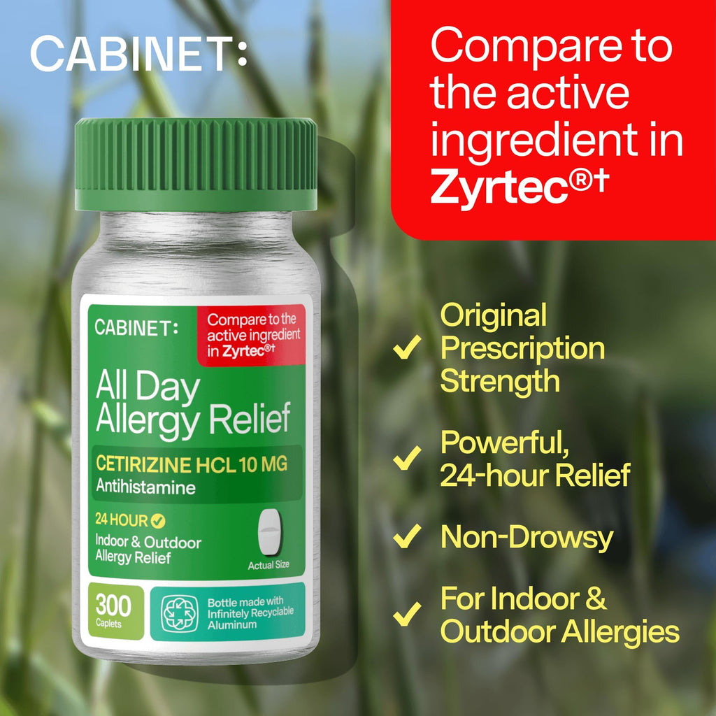 Cabinet: Cetirizine Hcl 10mg Allergy Relief Tablets | Non-Drowsy Antihistamine for 24-Hour Indoor & Outdoor (Aluminum - 300 Count) - Maple Wellness Supplements