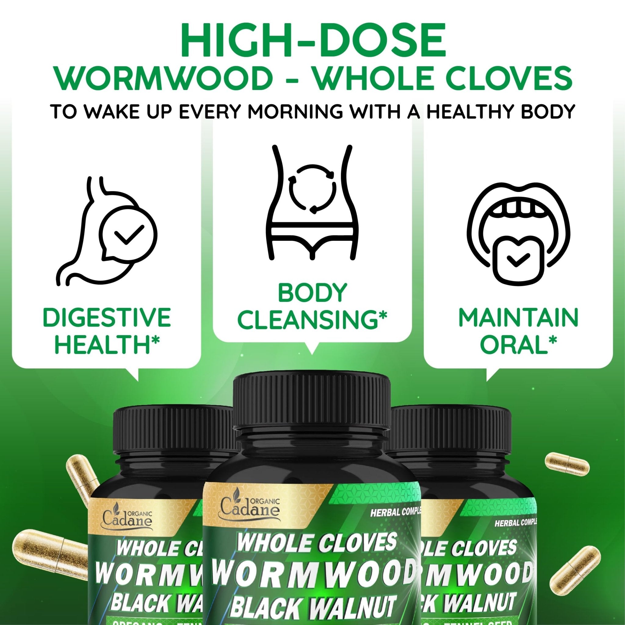 Cadane Wormwood Whole Cloves Black Walnut with Ginger, Garlic, Oregano, Fennel & Black Pepper | Digestive & Wellness Support | 120 Capsules – 60-Day - TrustMedUSA