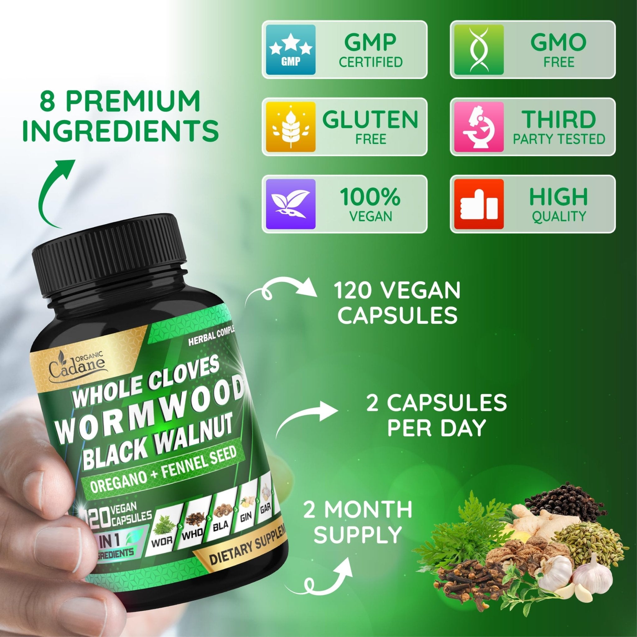 Cadane Wormwood Whole Cloves Black Walnut with Ginger, Garlic, Oregano, Fennel & Black Pepper | Digestive & Wellness Support | 120 Capsules – 60-Day - TrustMedUSA