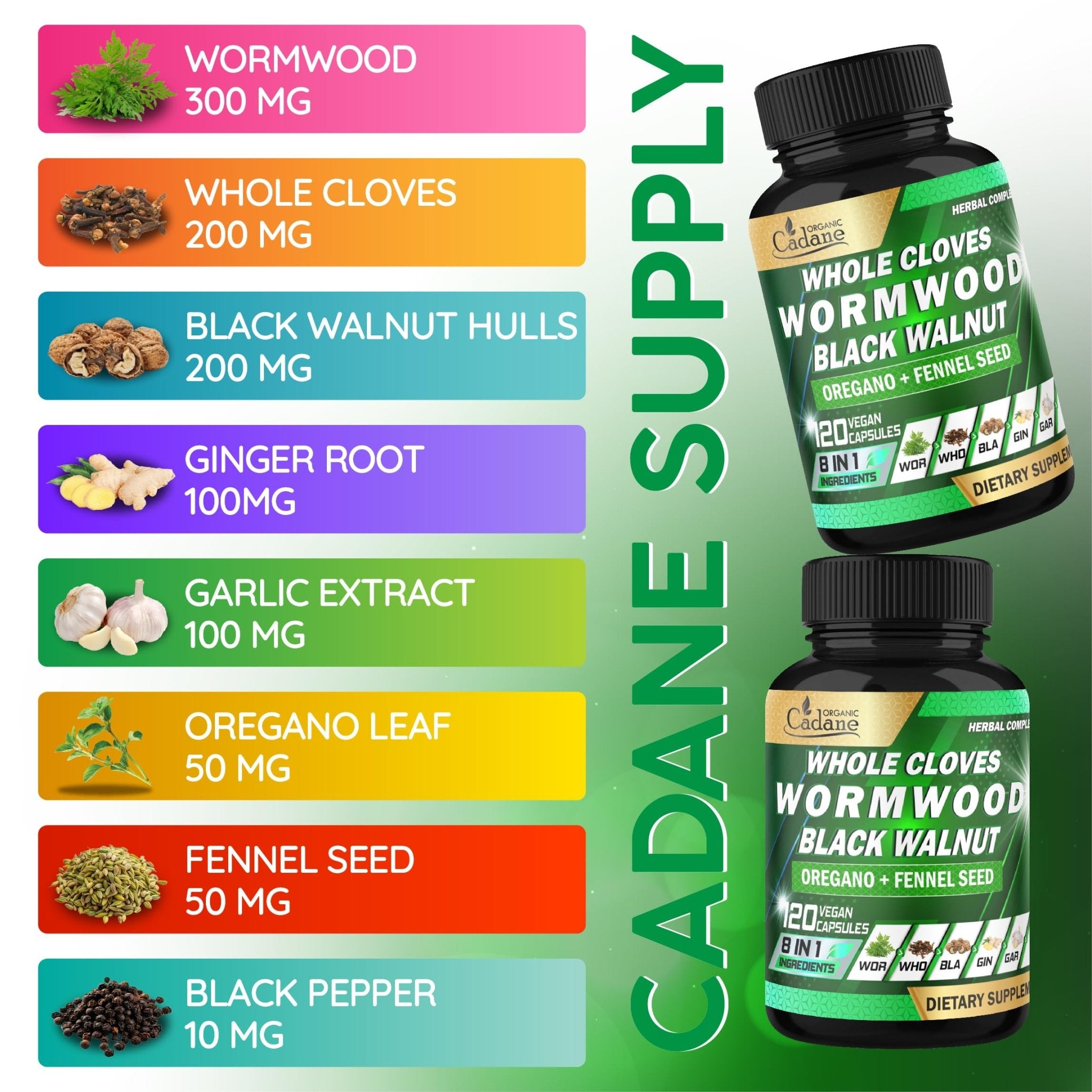Cadane Wormwood Whole Cloves Black Walnut with Ginger, Garlic, Oregano, Fennel & Black Pepper | Digestive & Wellness Support | 120 Capsules – 60-Day - TrustMedUSA