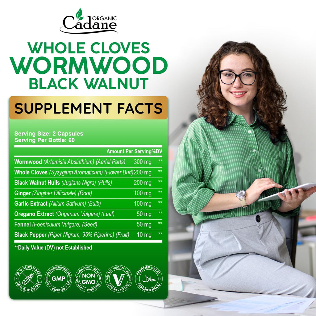 Cadane Wormwood Whole Cloves Black Walnut with Ginger, Garlic, Oregano, Fennel & Black Pepper | Digestive & Wellness Support | 120 Capsules – 60-Day - TrustMedUSA