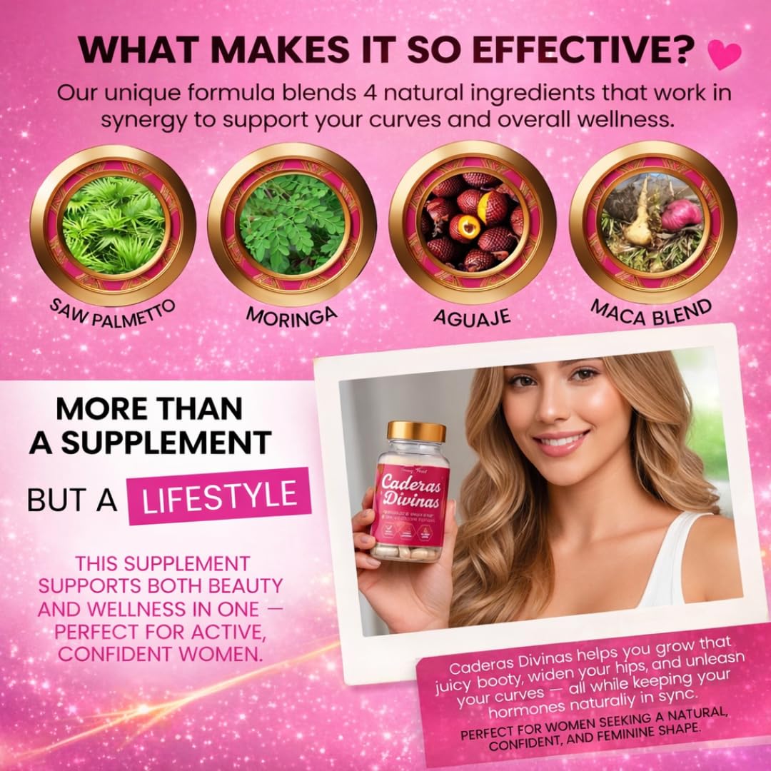 Caderas Divinas : Bigger Booty & Wider Hips – Aguaje + Maca Pills with Moringa & Saw Palmetto – 4 Super Ingredients for Natural Curve Growth – by CurvyFruit – 60 Capsules - TrustMedUSA