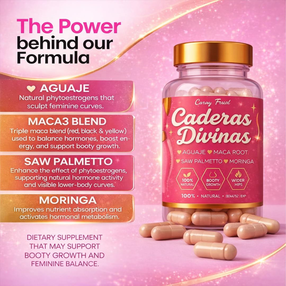 Caderas Divinas : Bigger Booty & Wider Hips – Aguaje + Maca Pills with Moringa & Saw Palmetto – 4 Super Ingredients for Natural Curve Growth – by CurvyFruit – 60 Capsules - TrustMedUSA
