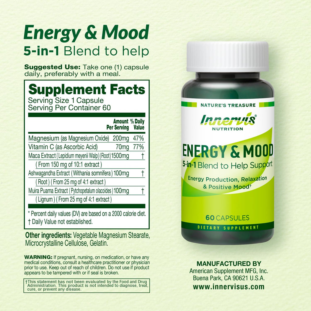 Caffeine Free Natural Energy Boost with Ashwagandha, Maca & Magnesium - Support Stress Relief, Focus & Mood - 60 Capsules by Innervis Nutrition - TrustMedUSA