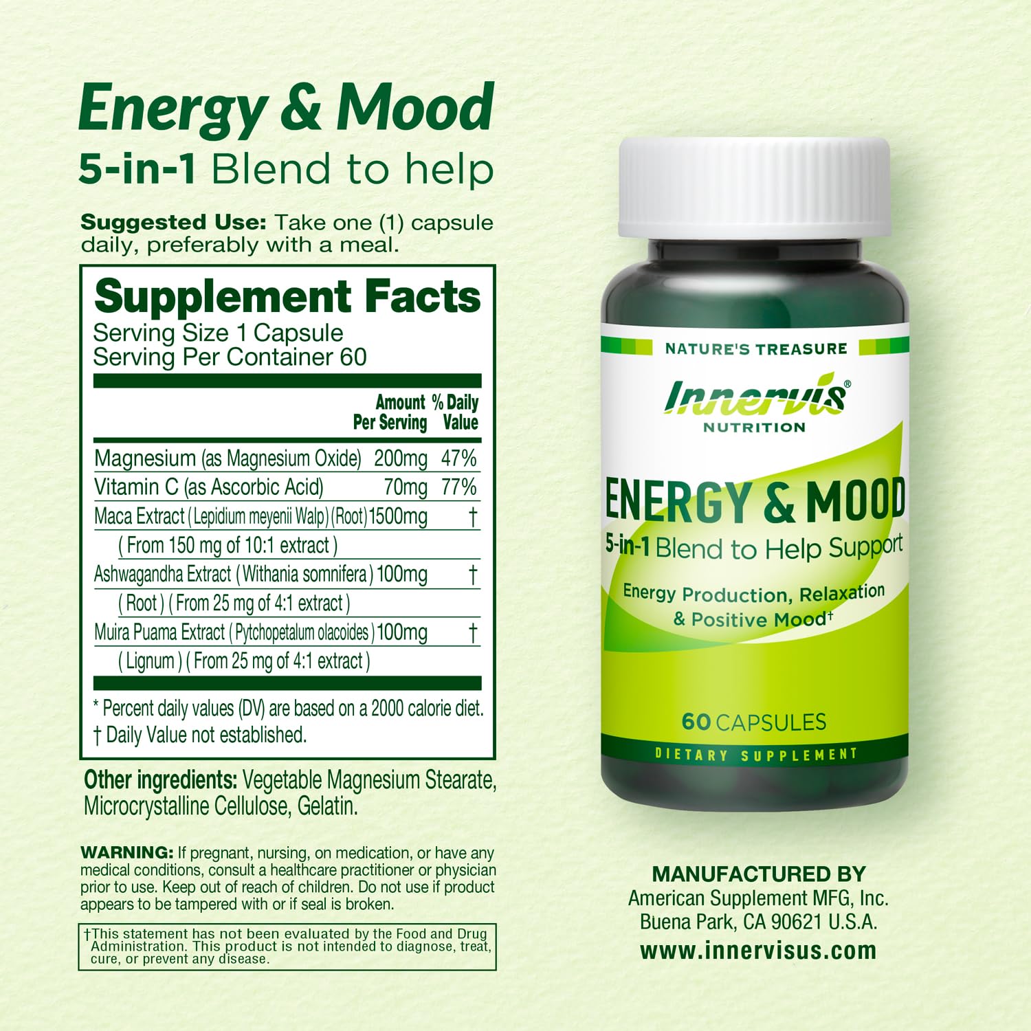 Caffeine Free Natural Energy Boost with Ashwagandha, Maca & Magnesium - Support Stress Relief, Focus & Mood - 60 Capsules by Innervis Nutrition - TrustMedUSA