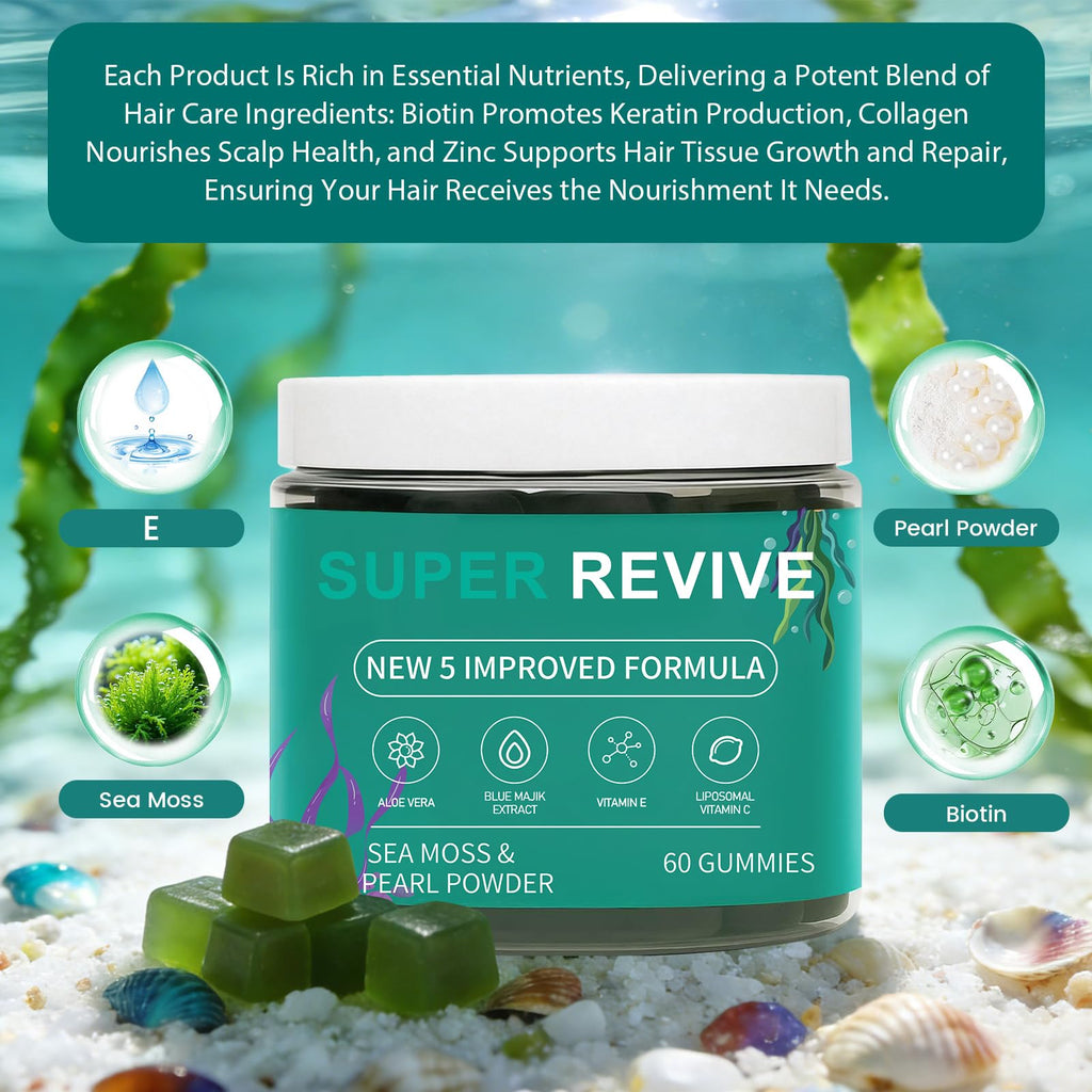 caicieter Super Revive Gummies for Hair Loss - Sea Moss Gummies with Vitamin C, E, Aloe Vera & Pearl Powder Glow, Promotes Thicker, Fuller & Stronger Hair - 60 Count - TrustMedUSA