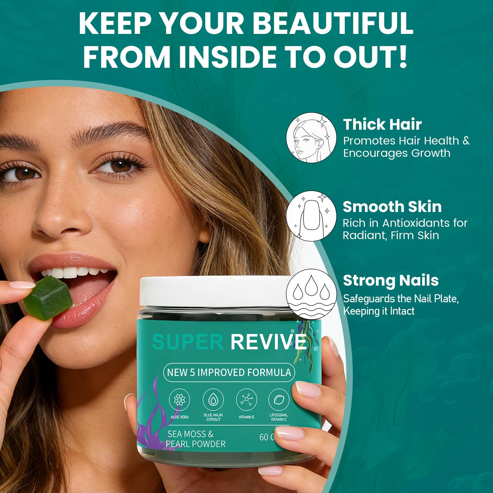 caicieter Super Revive Gummies for Hair Loss - Sea Moss Gummies with Vitamin C, E, Aloe Vera & Pearl Powder Glow, Promotes Thicker, Fuller & Stronger Hair - 60 Count - TrustMedUSA